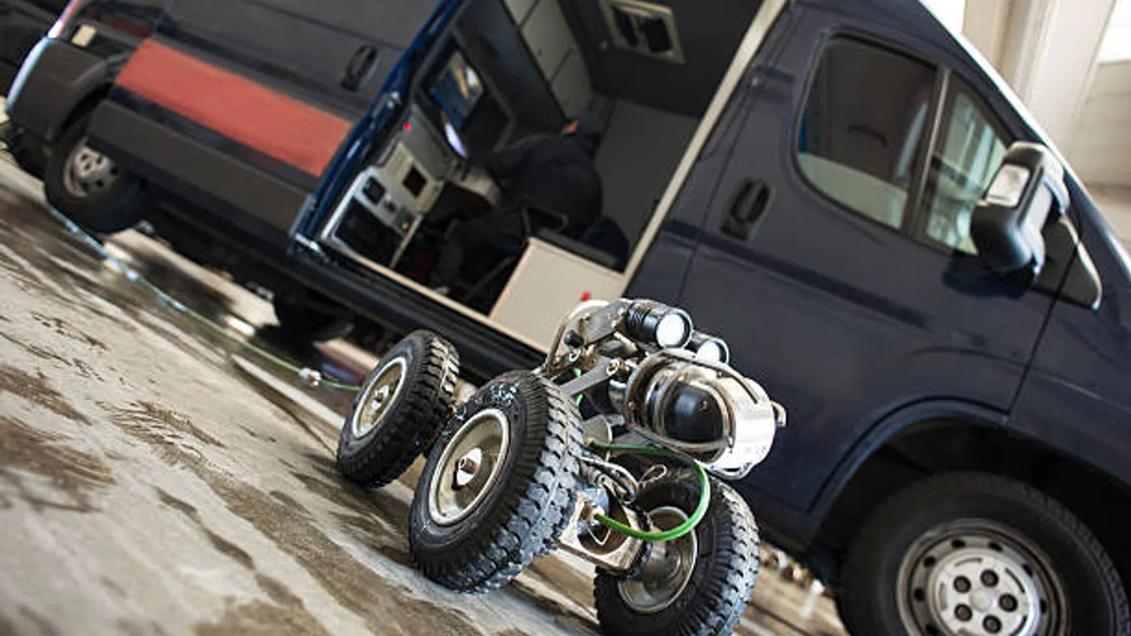 Remote-controlled inspection robot with rugged tires near a van in an industrial setting.