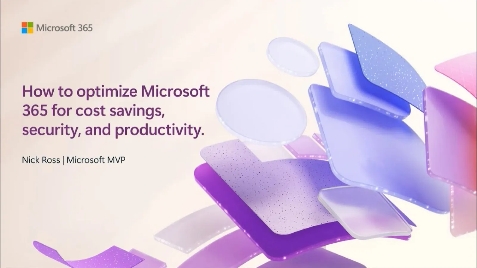 Microsoft 365 guide on optimizing cost savings, security, and productivity with abstract purple and blue shapes.