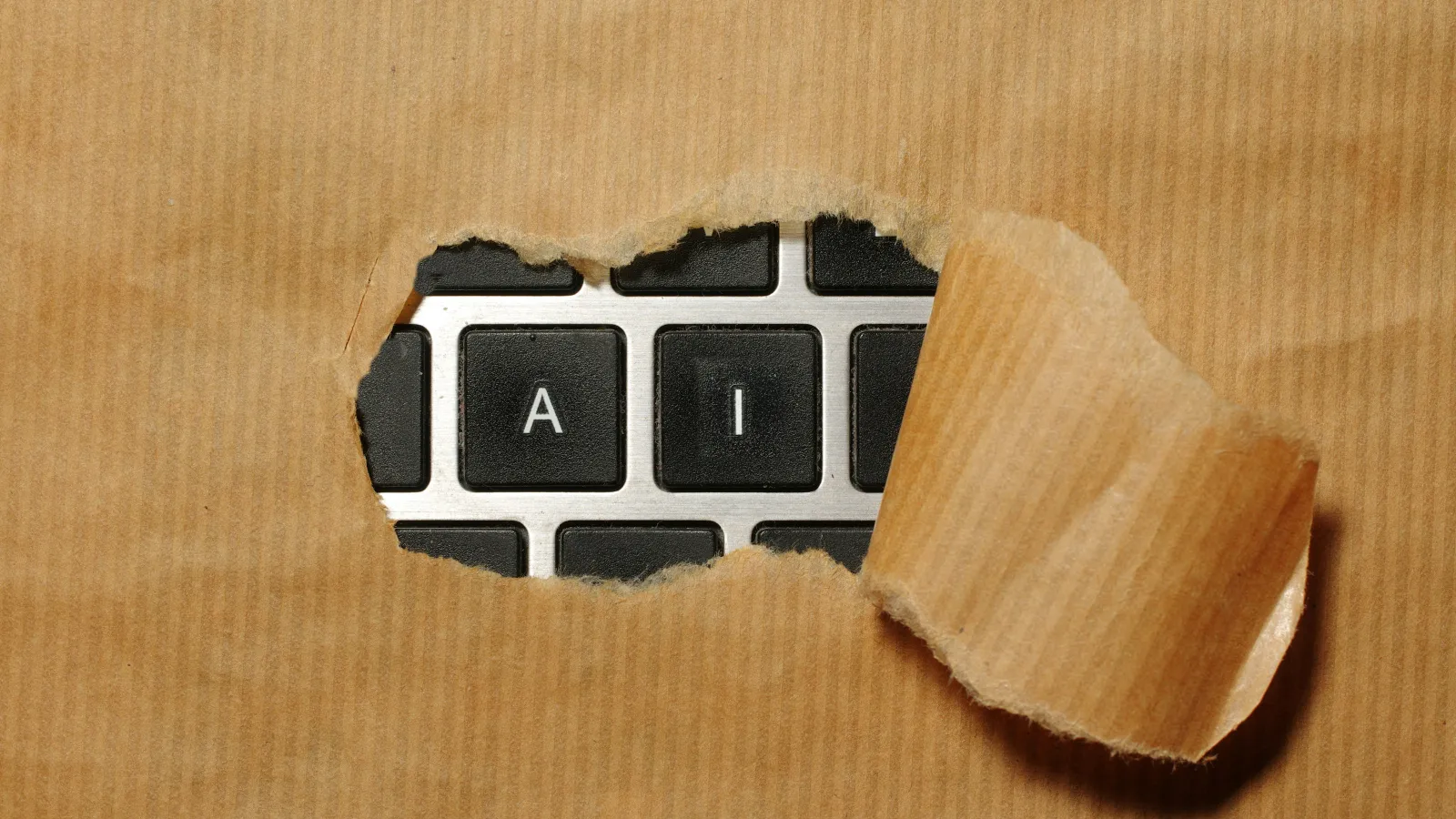 Black keyboard keys with letters A and I revealed through torn brown paper wrapping.