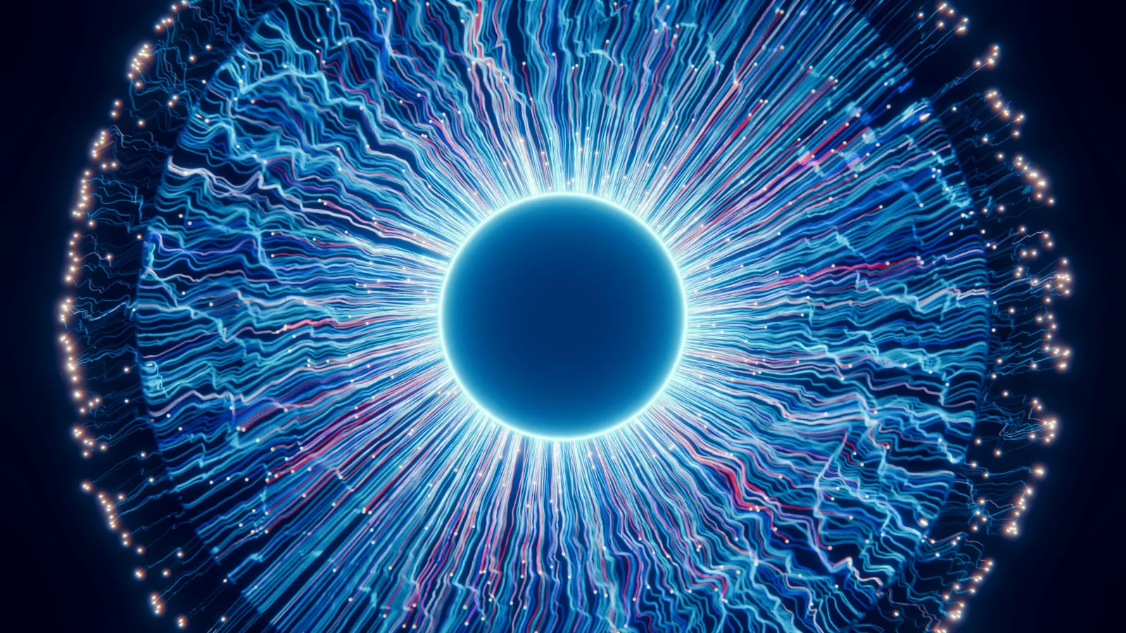 Glowing blue circular core with radiating electric-like blue and pink lines on dark background.