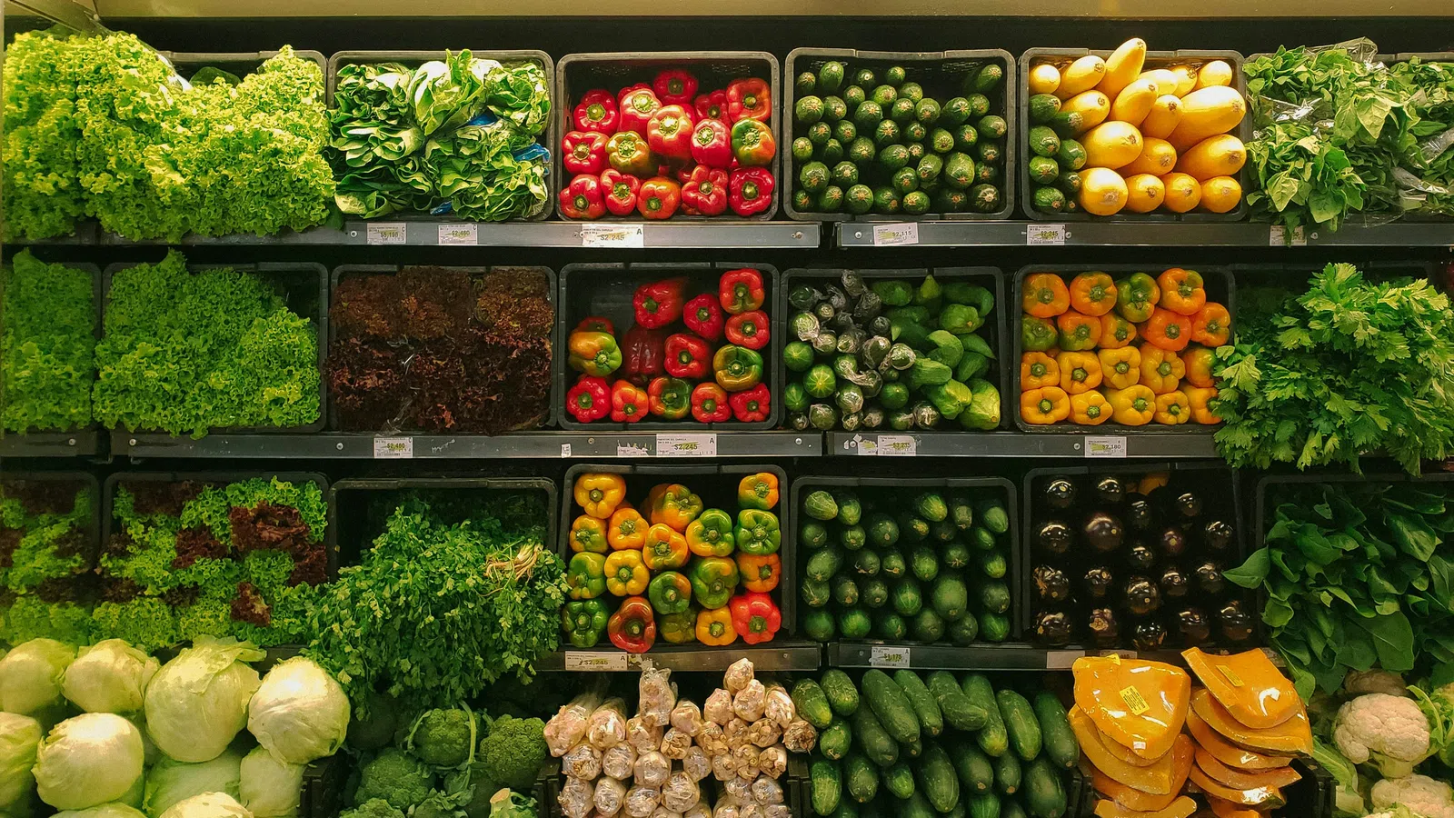 Grocery store display with fresh green leafy vegetables, bell peppers, cucumbers, garlic, and squash organized on shelves.