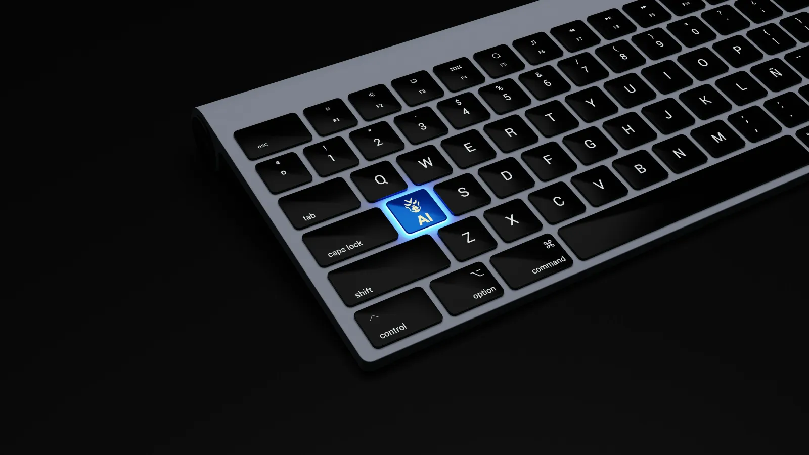 Close-up of a black computer keyboard with a glowing blue AI key highlighting artificial intelligence concept.