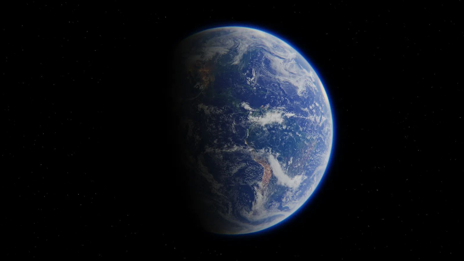 View of Earth from space showing continents, clouds, and atmosphere against a black starry background