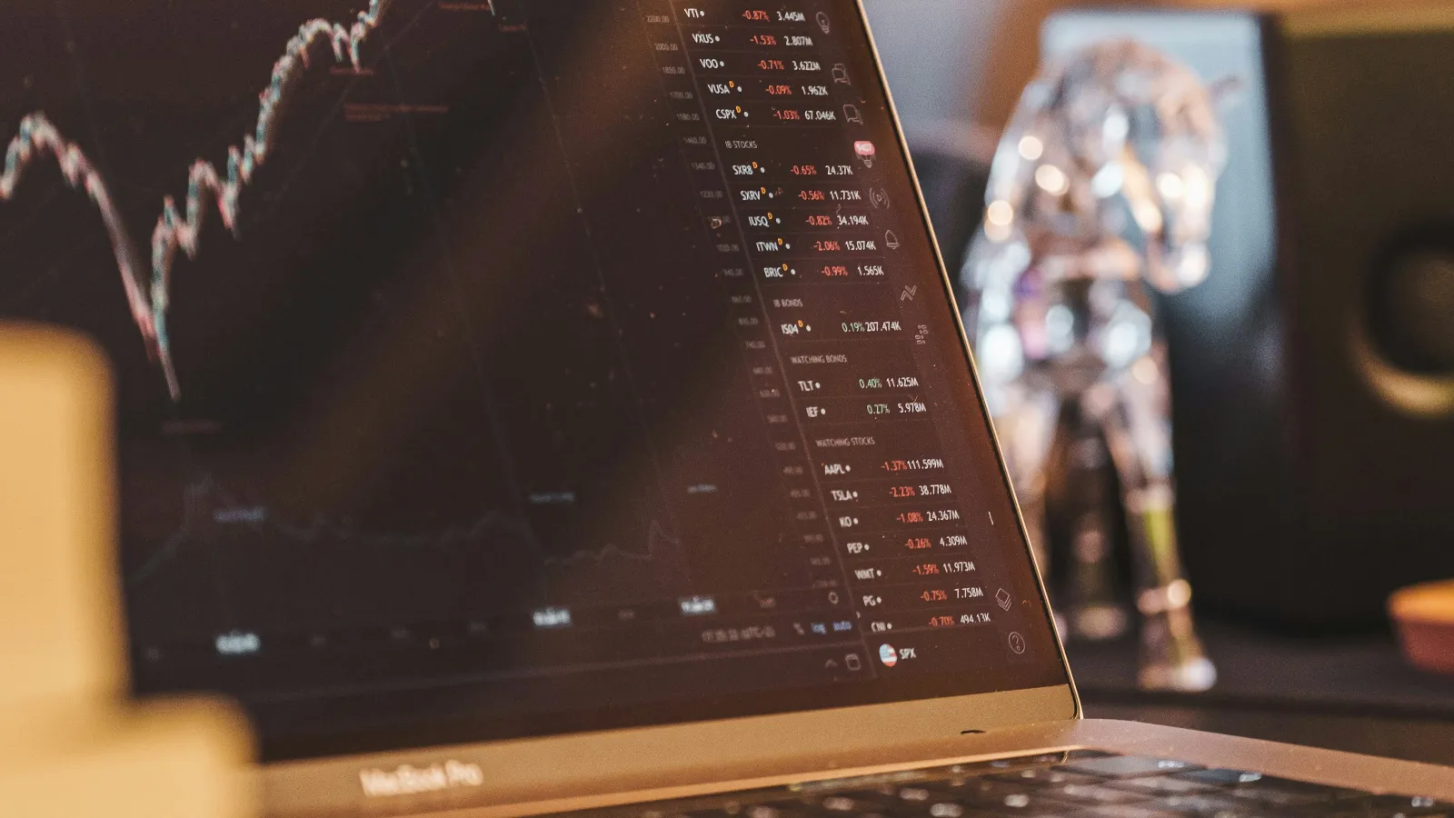 Laptop displaying financial charts and stock market data on screen with blurred background.