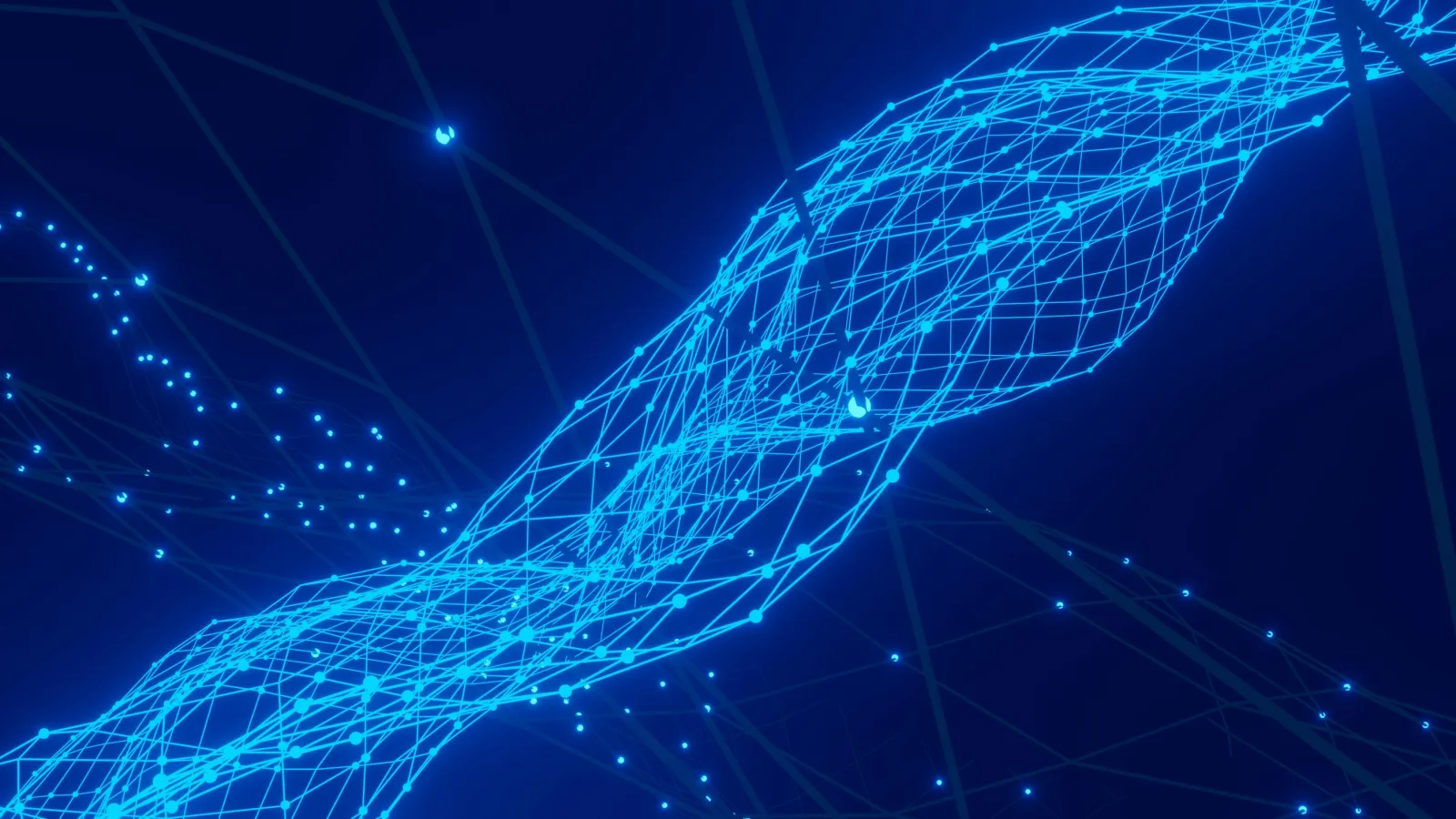 Blue digital network mesh with glowing interconnected lines and nodes on a dark background.