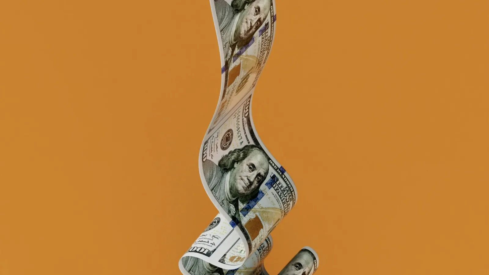 Crumpled and folded US 100-dollar bills on an orange background with a twisted stack in the center.