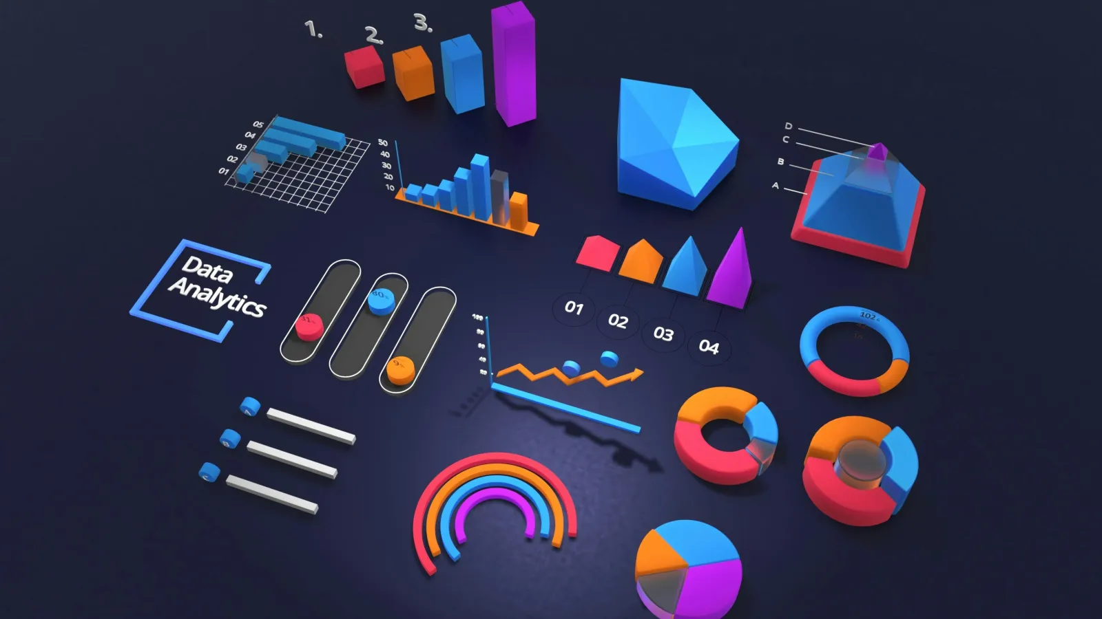 Colorful 3D charts and graphs including bar, pie, line, and radar visuals on dark background with Data Analytics text.