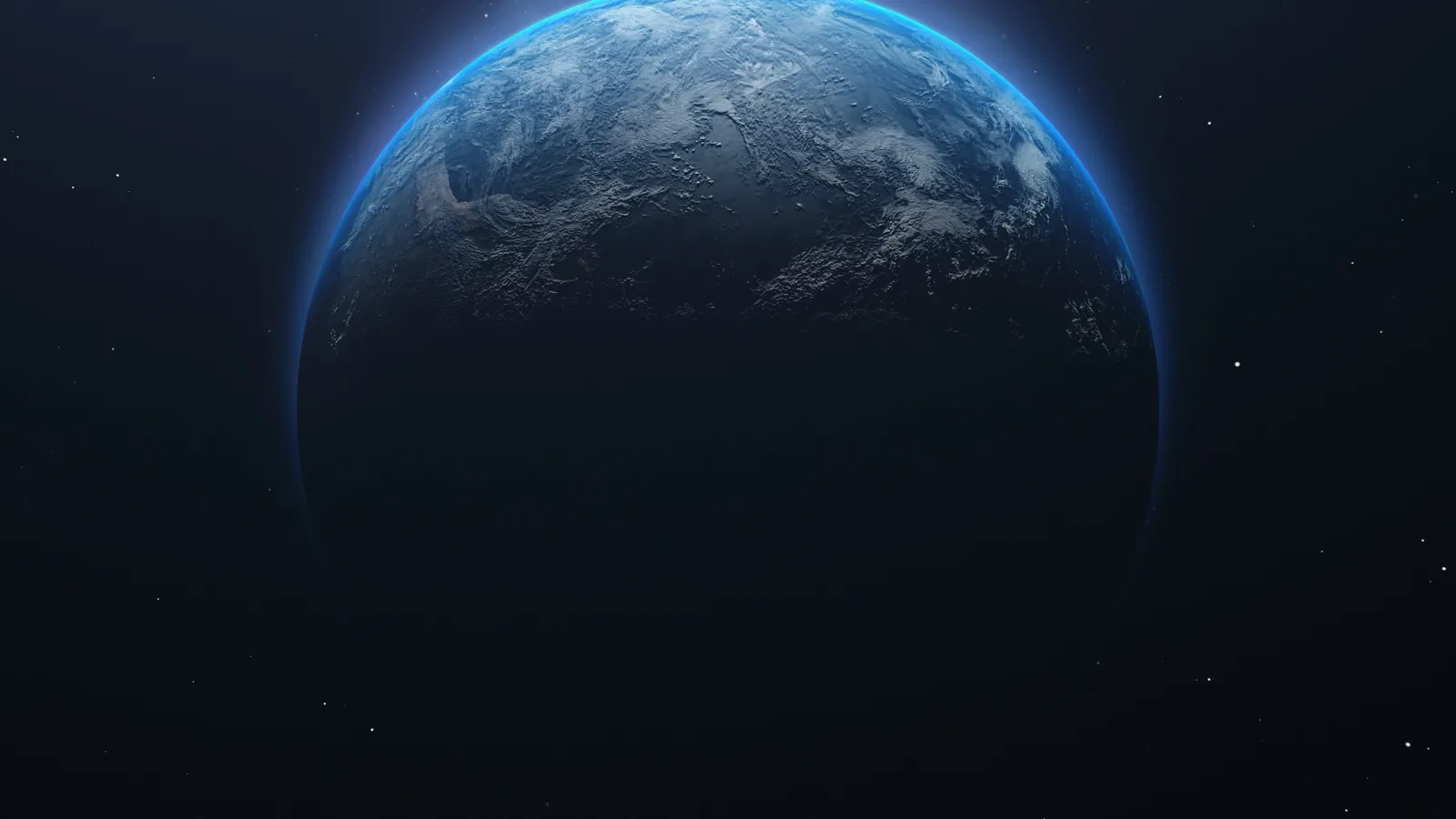 View of Earth from space with a glowing blue atmosphere and starry background in darkness.