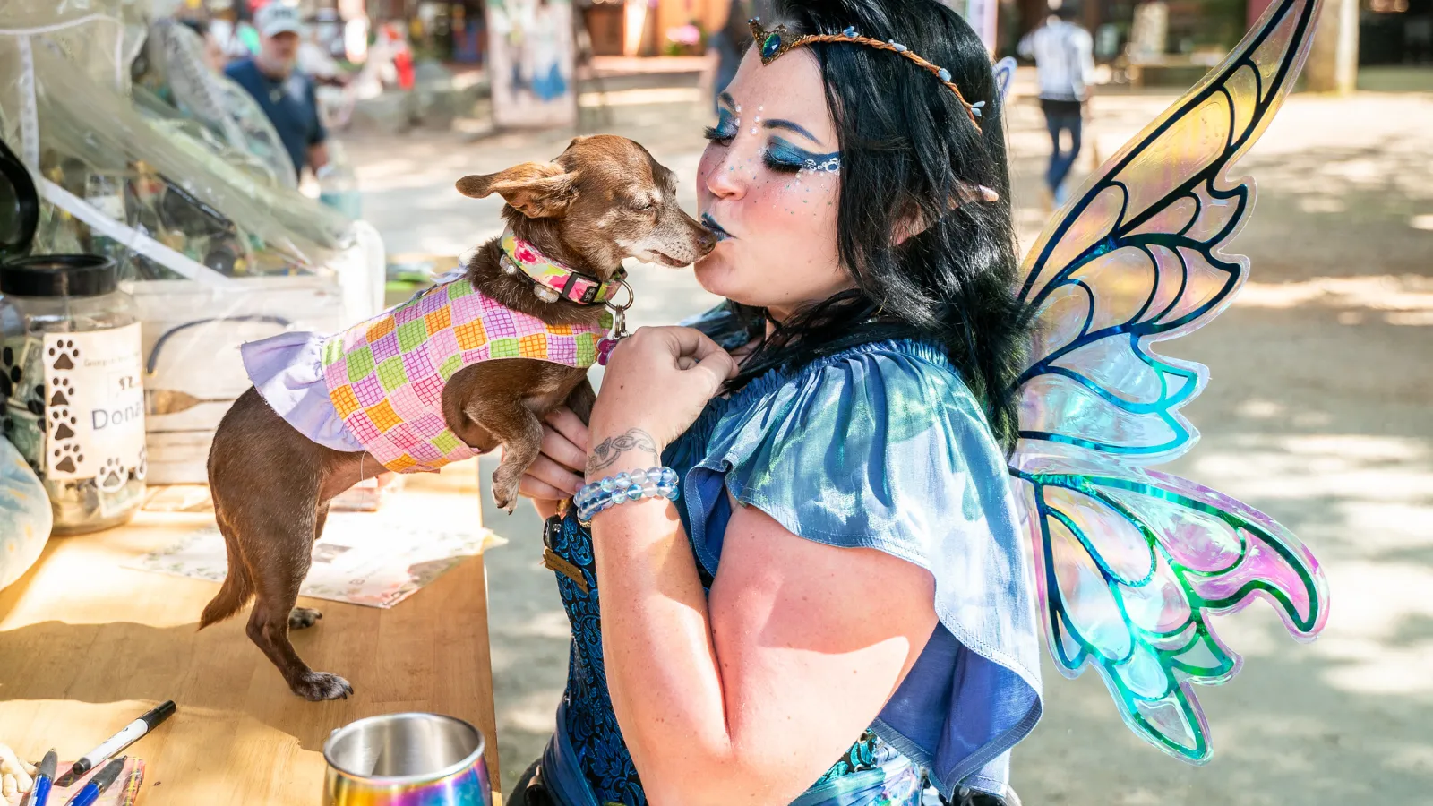 Woman in fairy costume with translucent wings kisses small dog wearing colorful sweater at outdoor event.