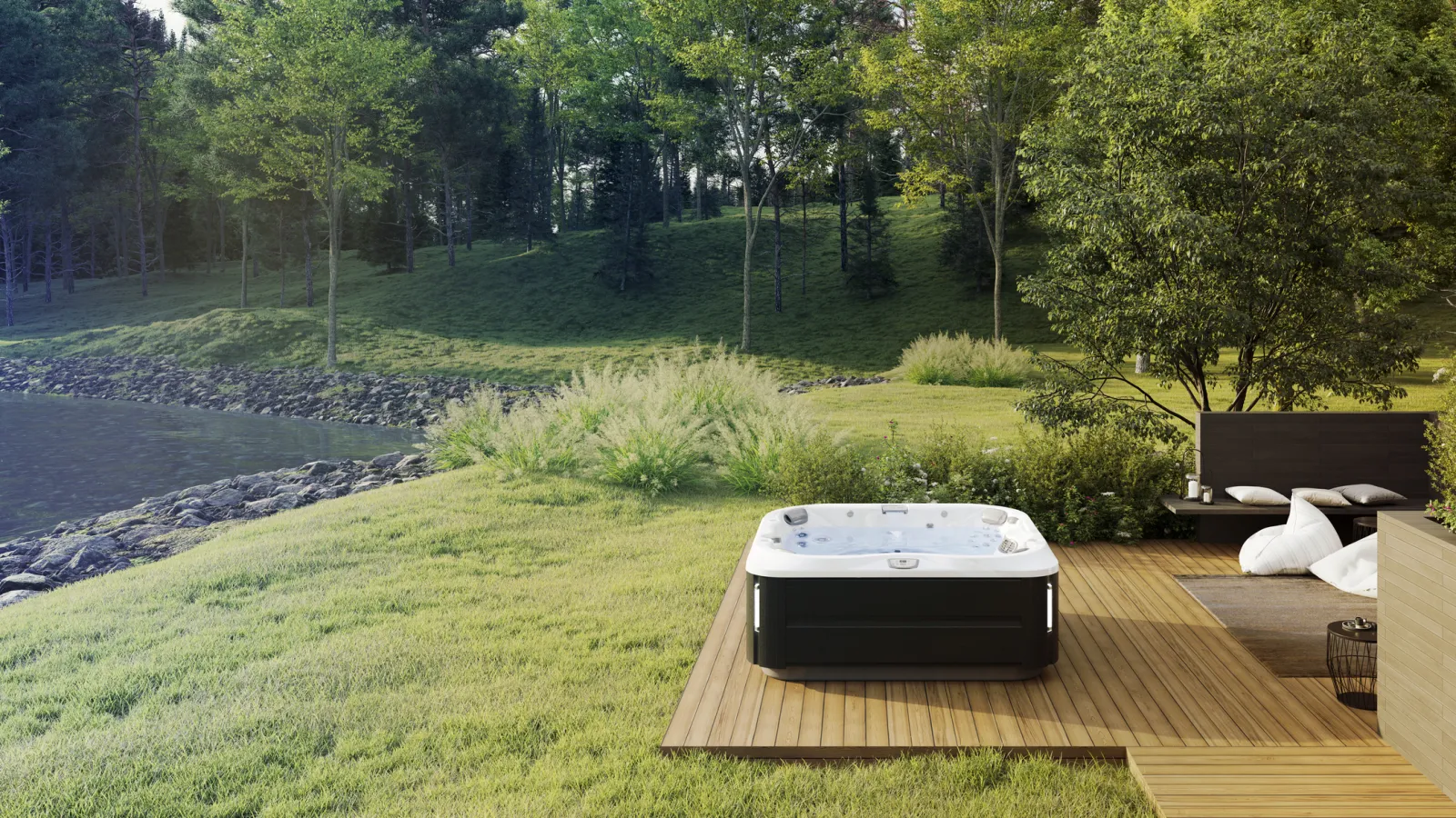 a running hot tub on a deck