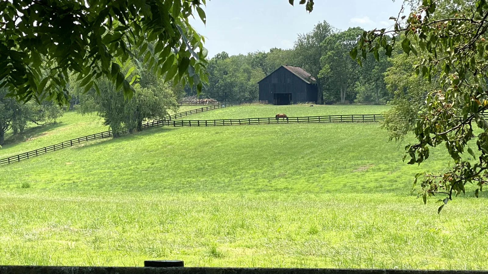 Green pasture with a black barn, wooden fences, horse grazing, and leafy trees under a partly cloudy sky