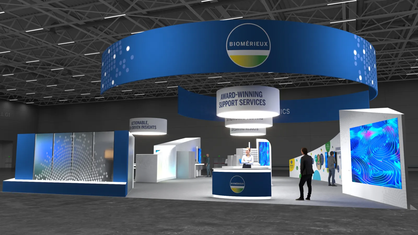 Biomerieux exhibition booth with digital displays and award-winning support services at a trade show event.