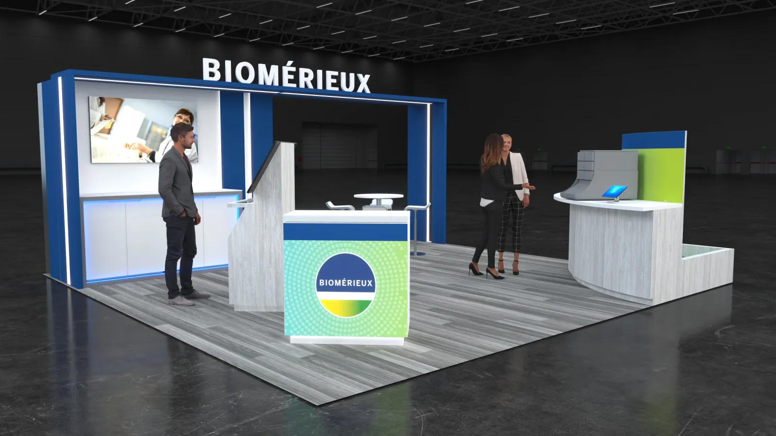 Modern exhibition booth for Biomérieux with interactive displays and visitors engaging in conversation.