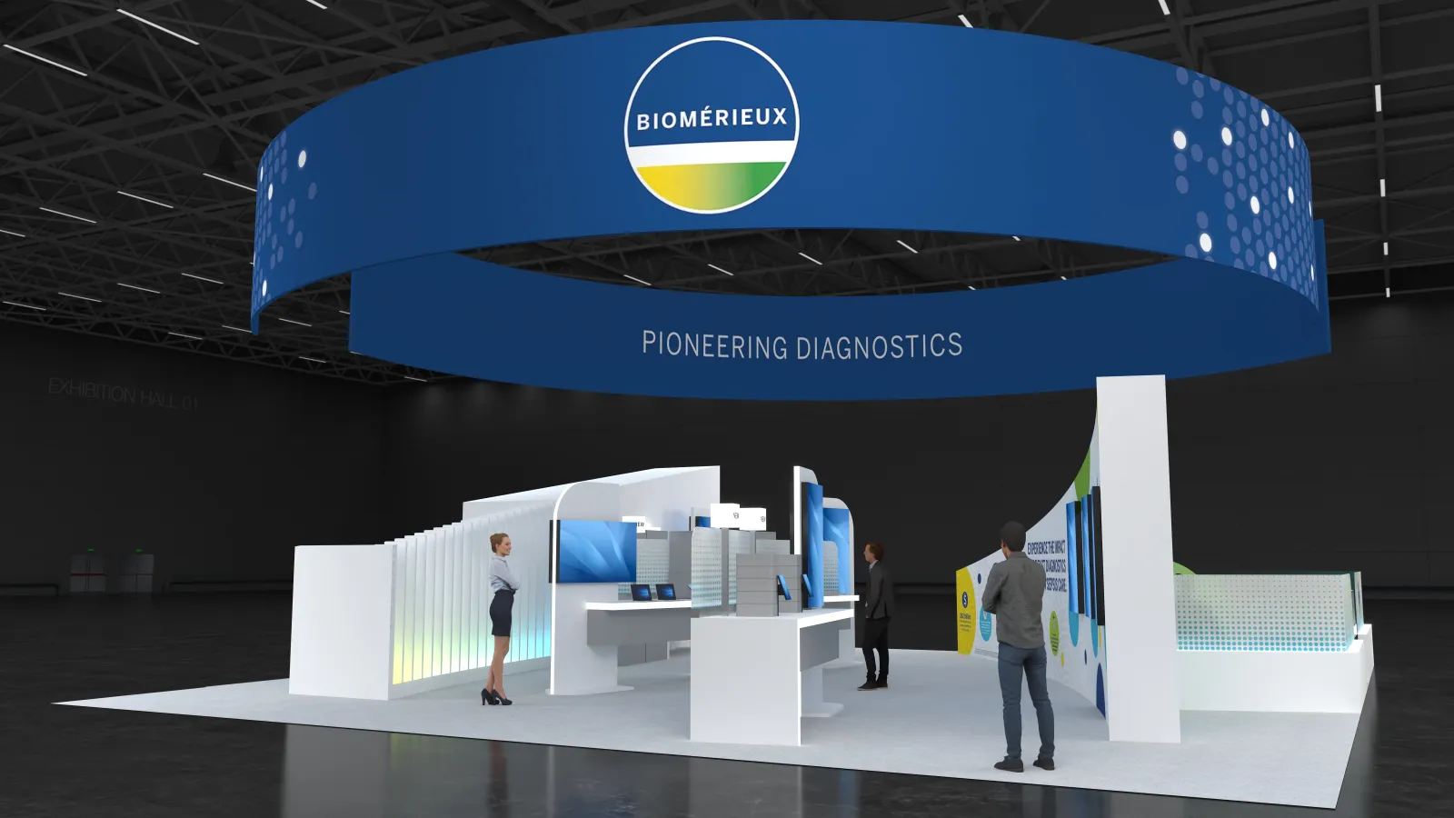 BioMérieux trade show booth with large blue circular banner and interactive diagnostic displays