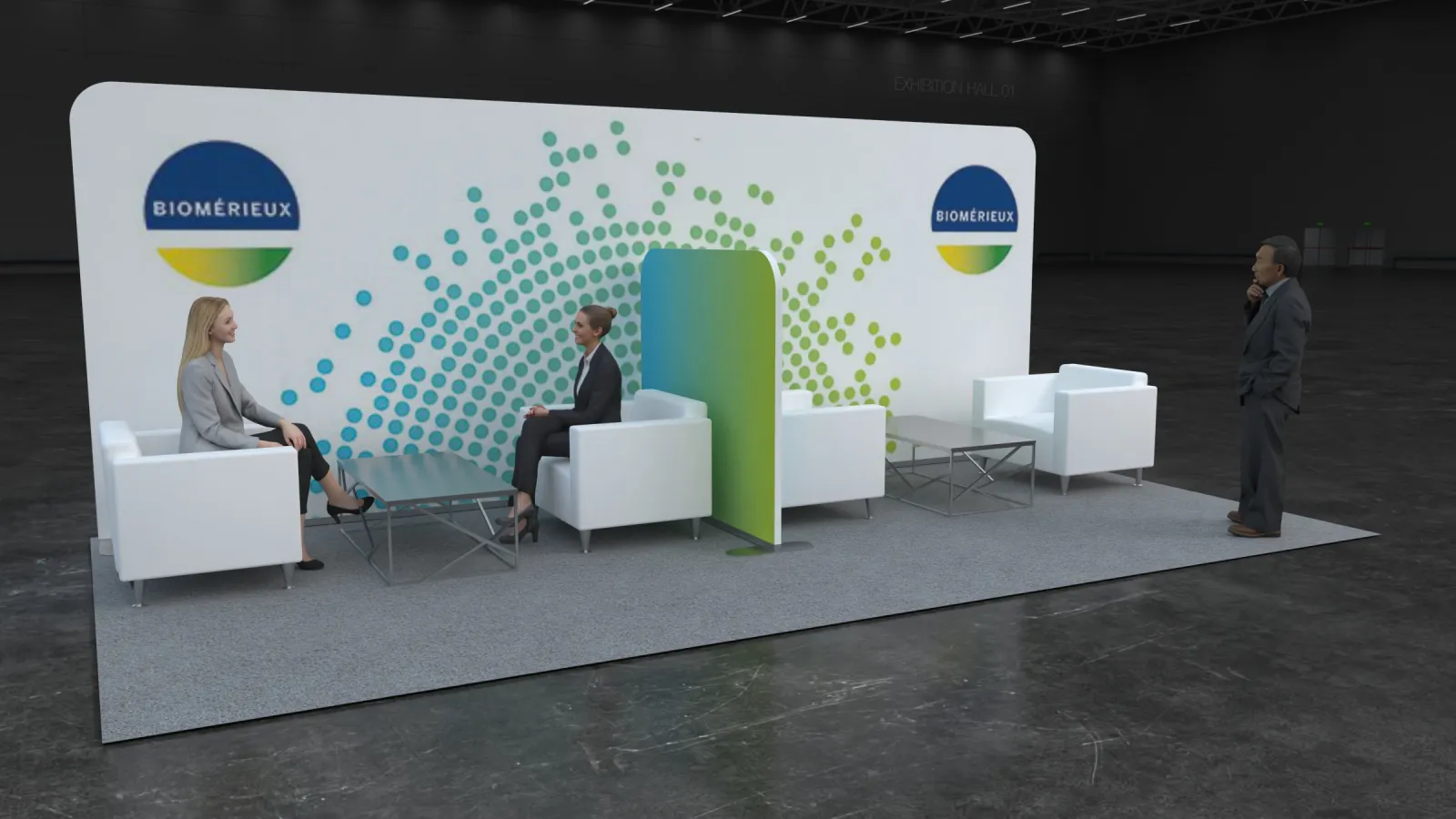 Modern exhibition booth with white chairs and colorful Biomérieux logos on curved backdrop in a large indoor space.