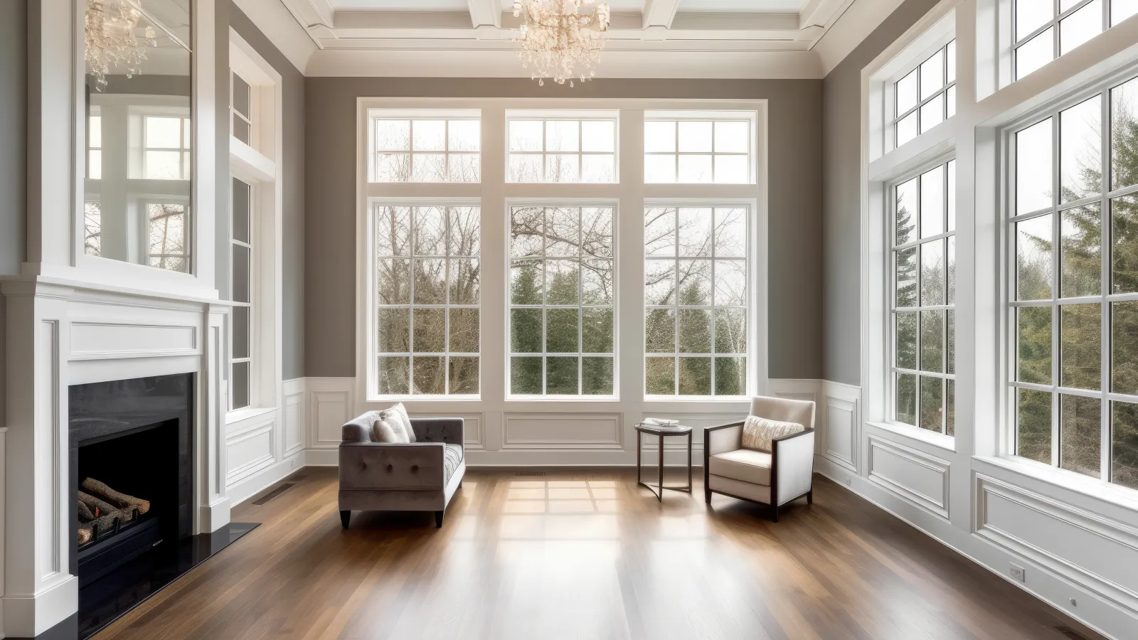 a room with a fireplace and windows