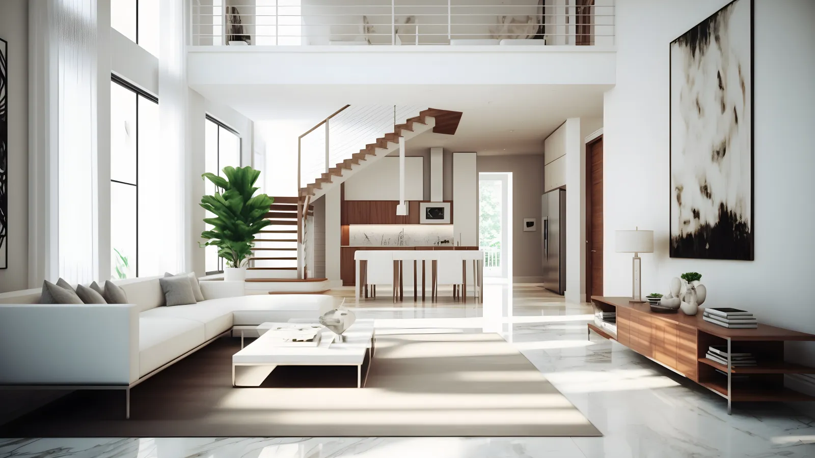 a living room with a white couch and a white table