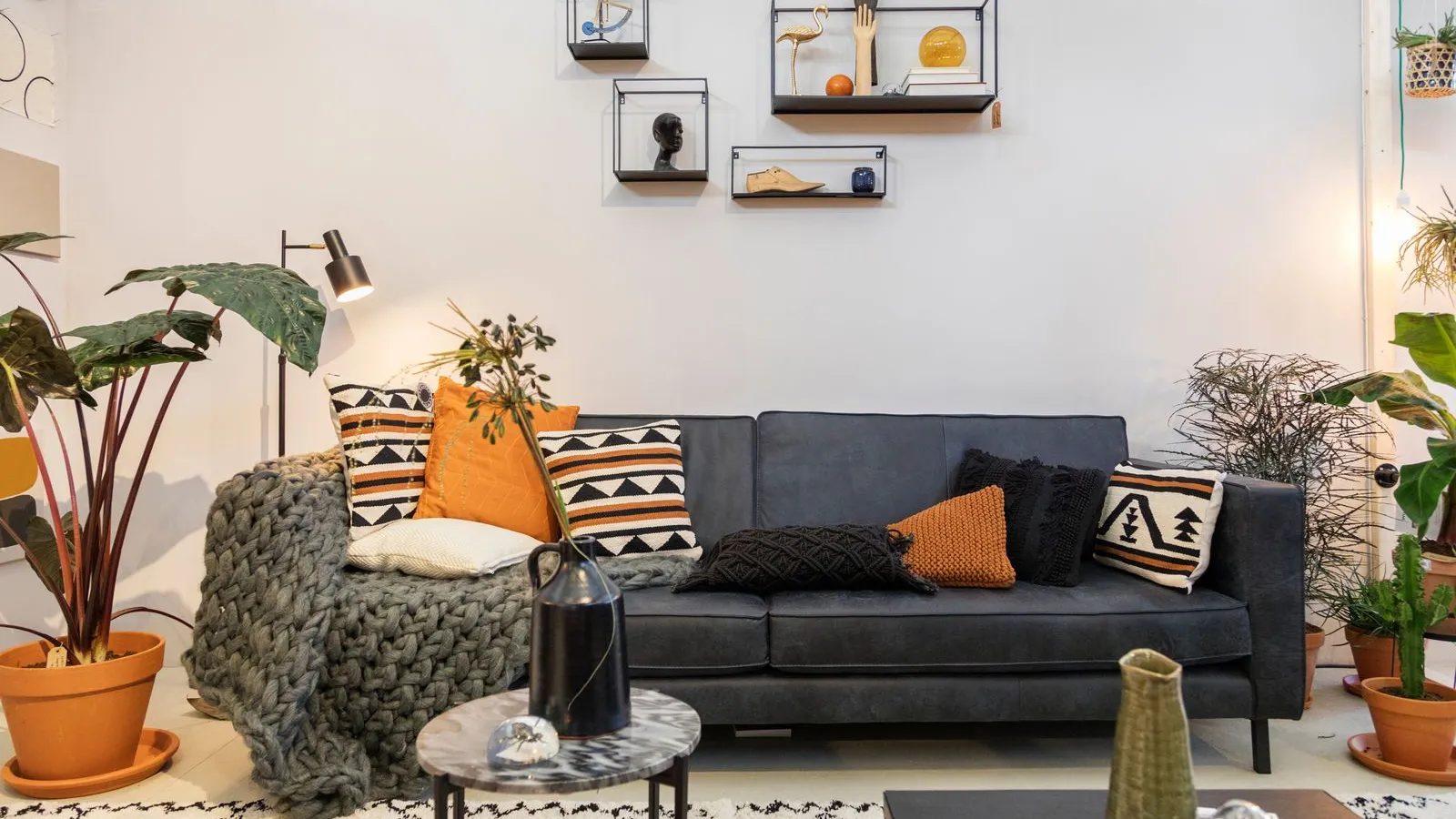 a living room with a couch and a coffee table