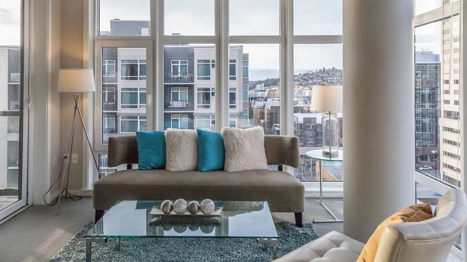 a living room with a large window