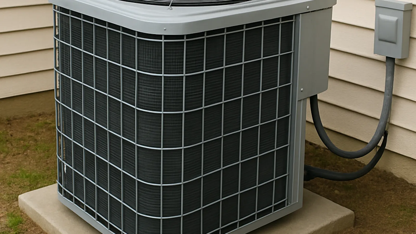 Outdoor central air conditioning unit installed on a concrete pad beside a beige house exterior wall.