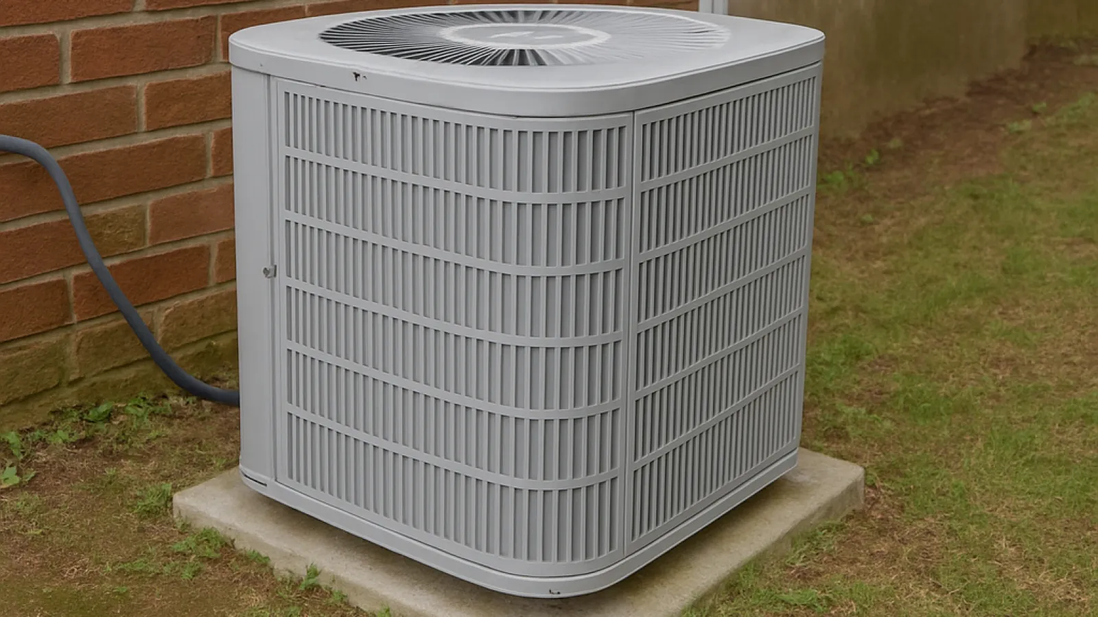 Outdoor central air conditioning condenser unit installed on a concrete slab beside a brick house wall.