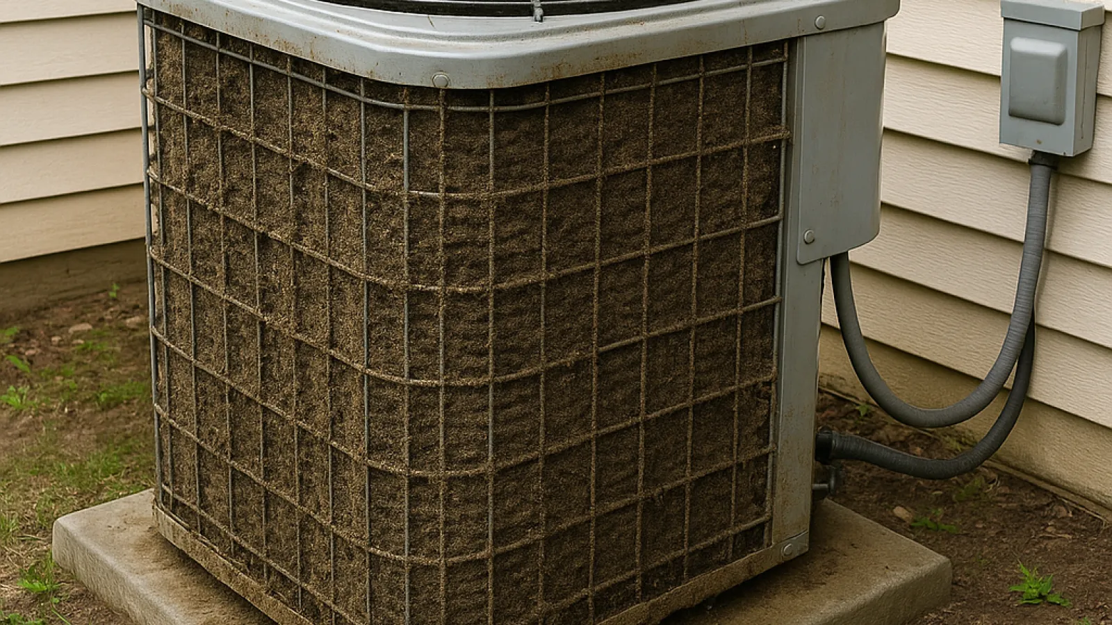 Outdoor air conditioner unit with dirty, clogged filter panels mounted on a concrete slab beside a house.