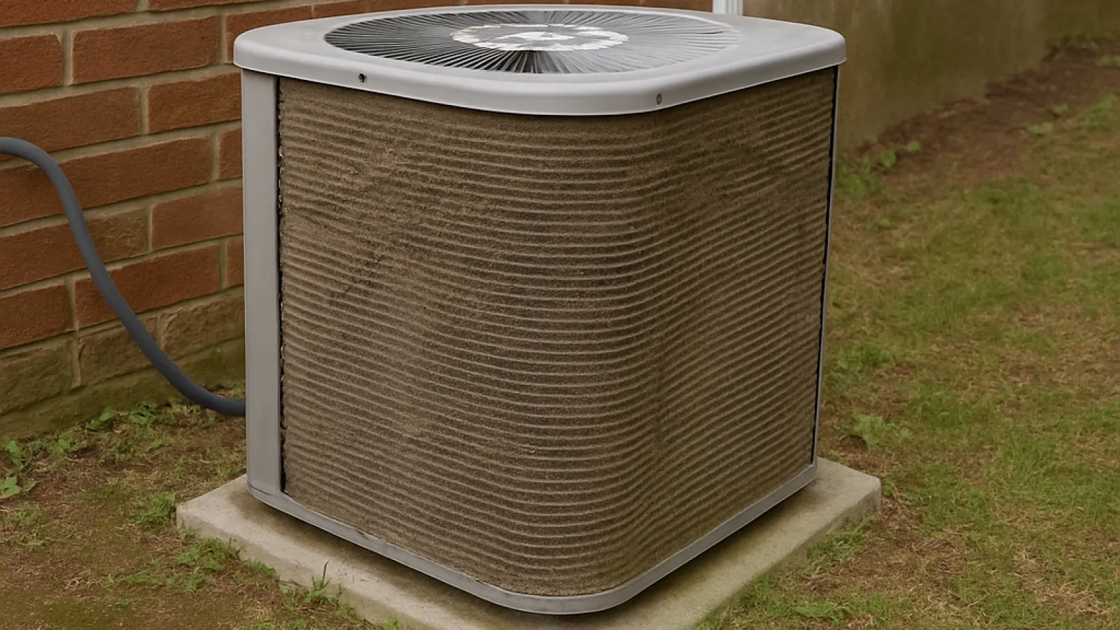 Outdoor air conditioner unit with dirty, clogged filter panels mounted on a concrete slab beside a house.