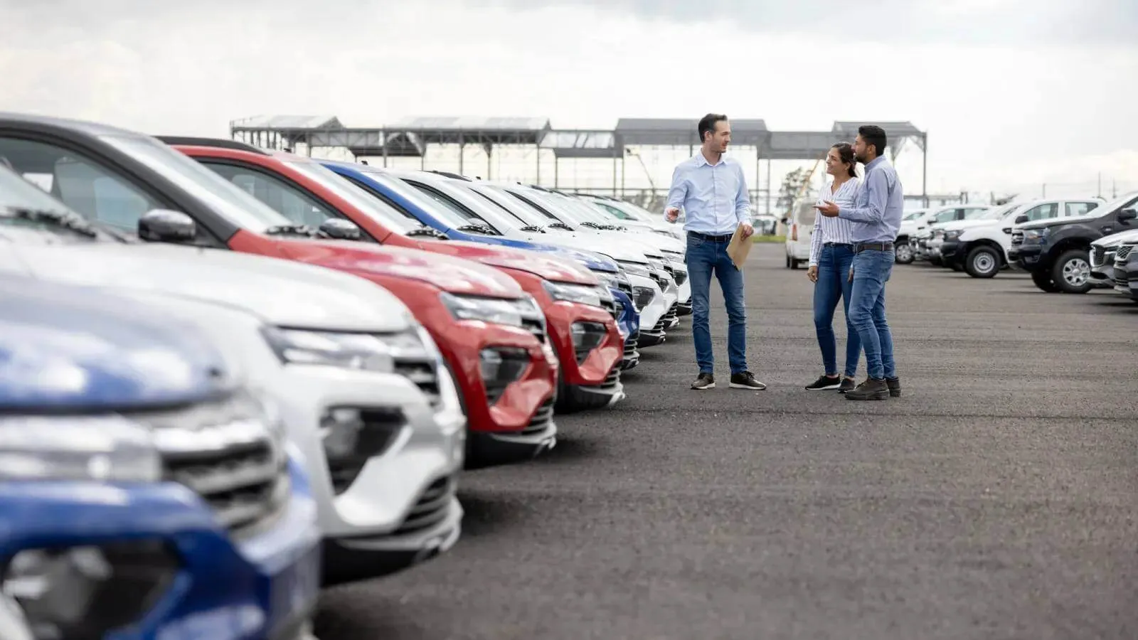 a couple of men standing next to a row of cars