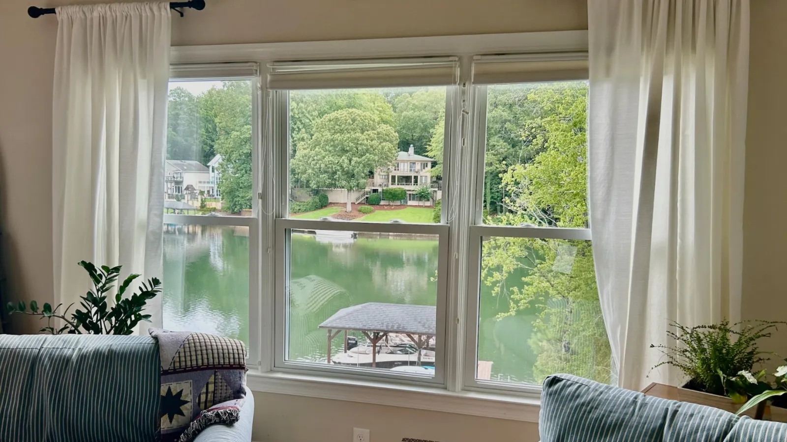 a living room with a large window