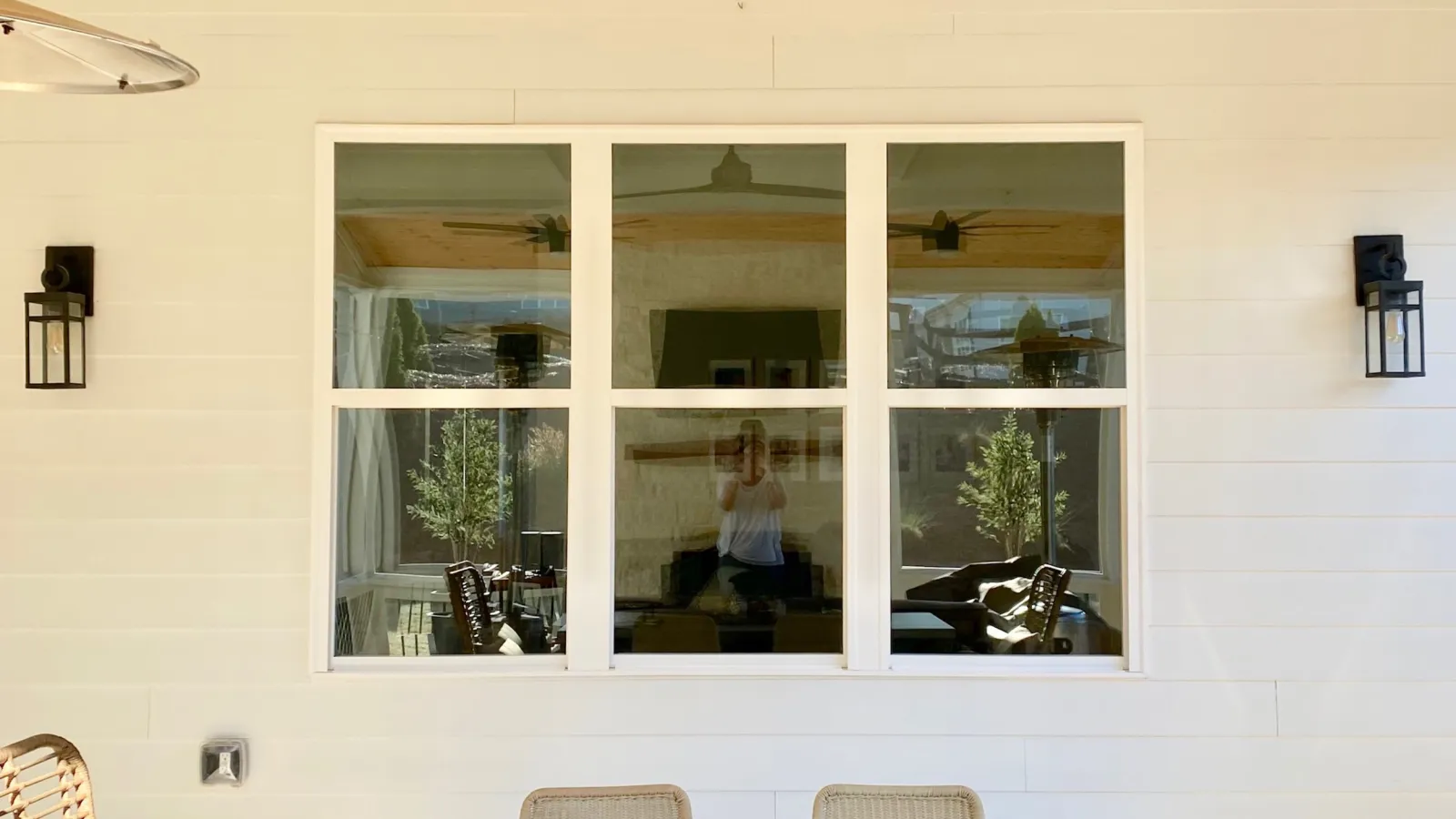 a room with windows and a table
