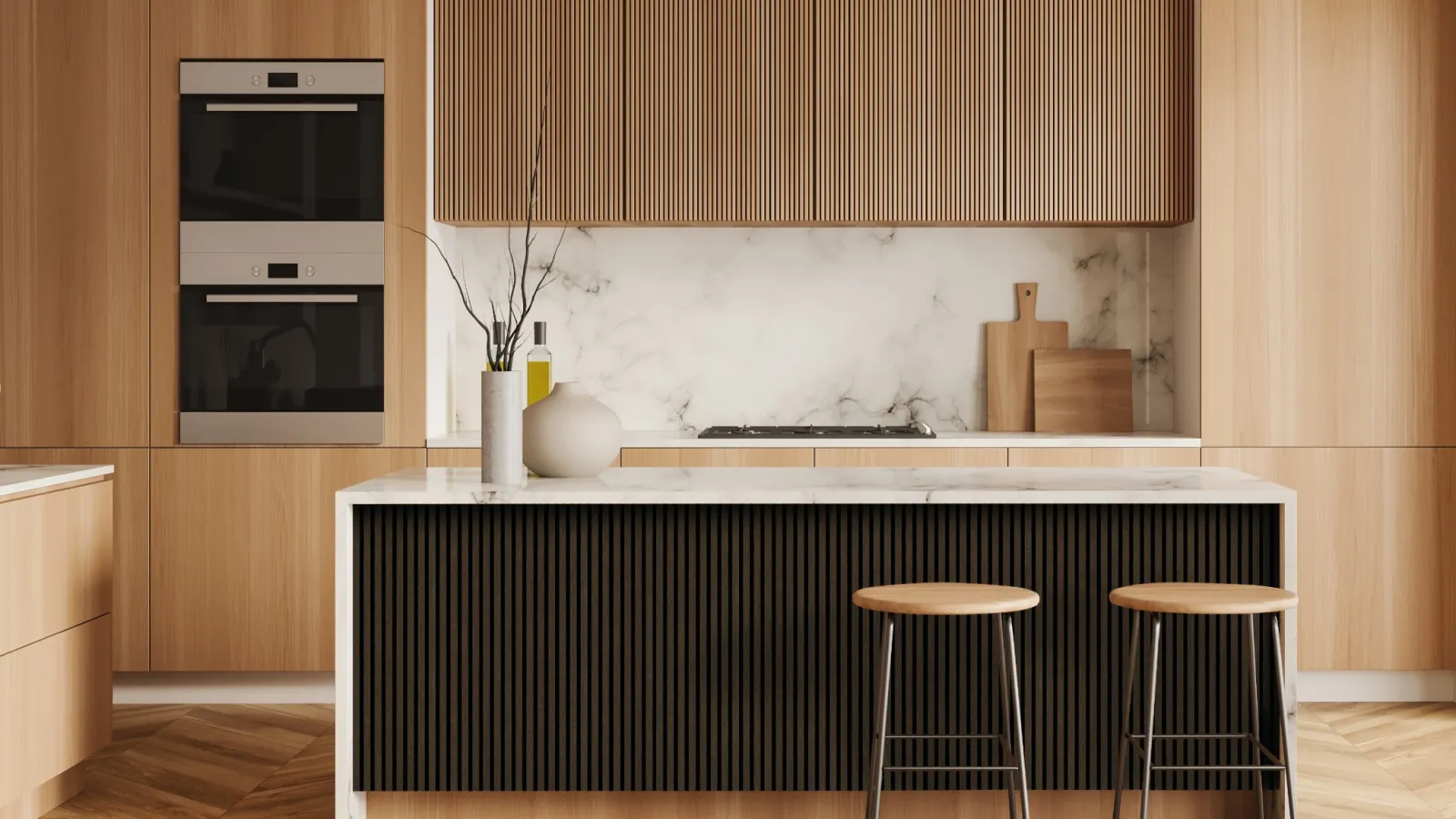 a kitchen with stools and a table