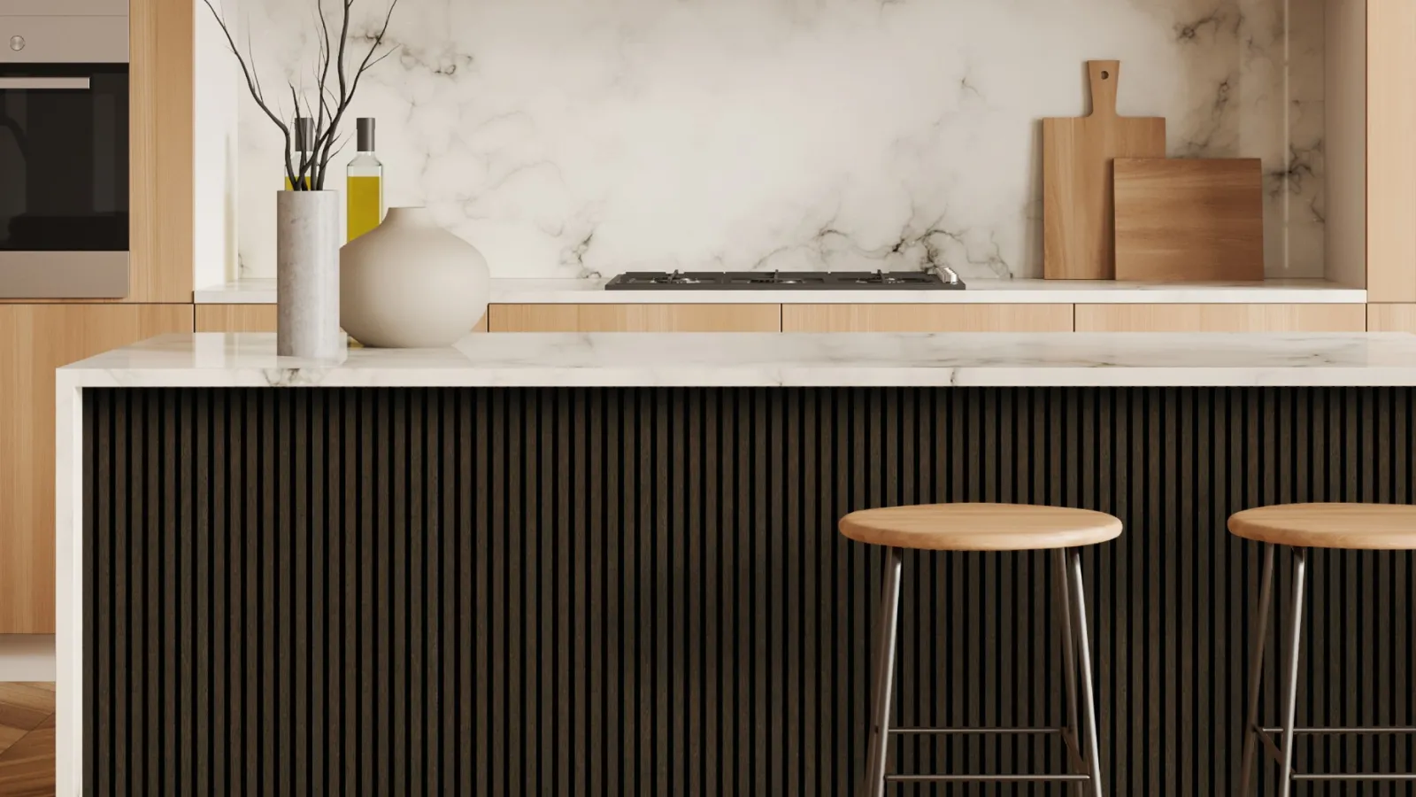 a counter with stools and a plant on it