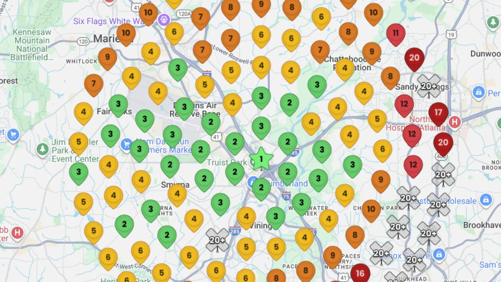 Map showing clusters of colored pins with numbers indicating data distribution across Atlanta area neighborhoods.