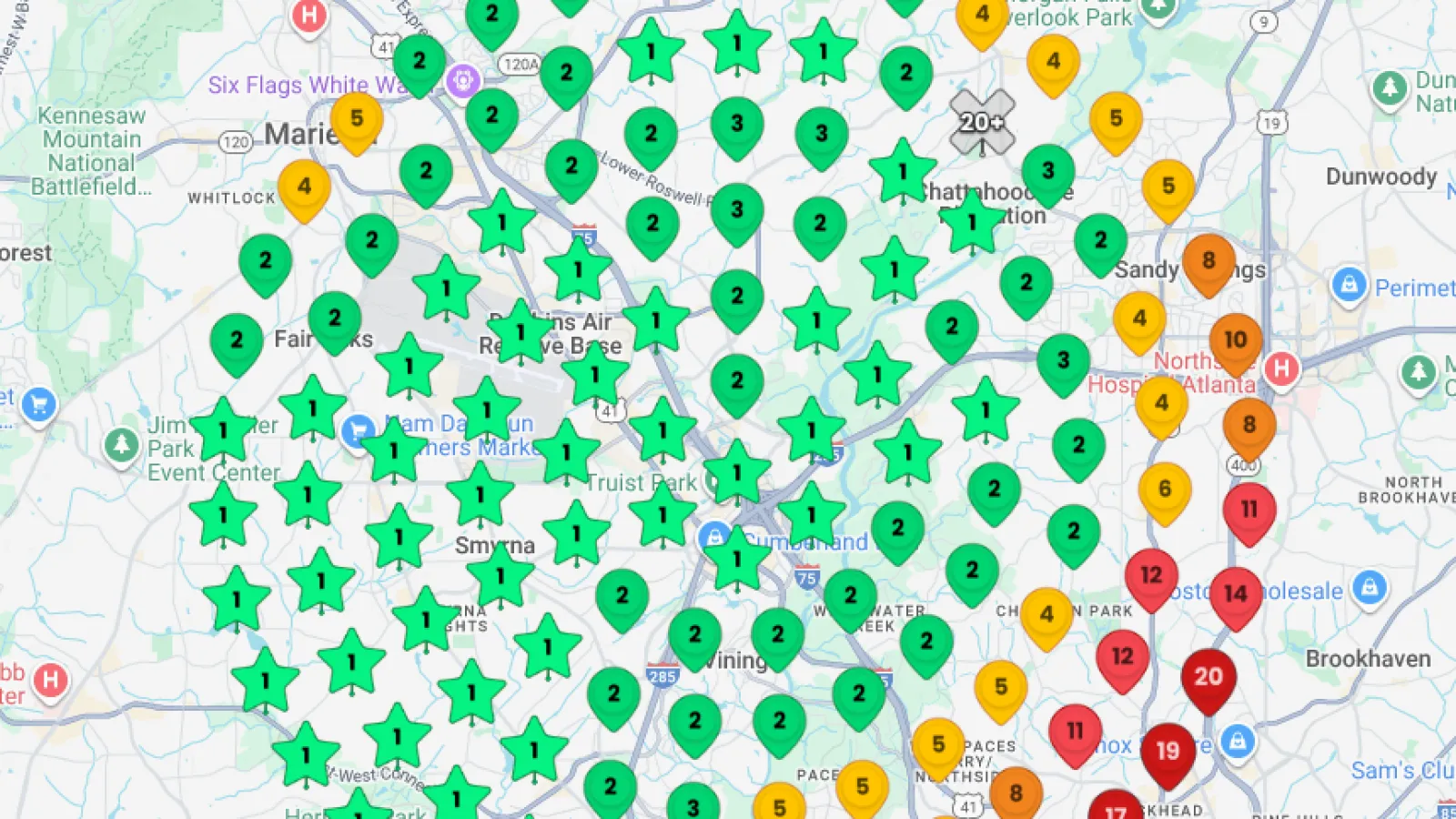 Map showing various numbered markers and star icons indicating locations and density in the Atlanta metropolitan area.