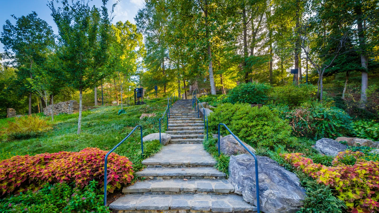 a stone staircase in a garden