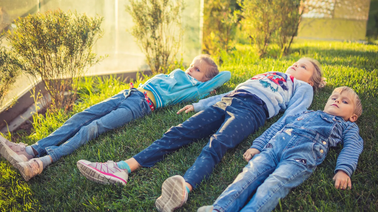 children lying on the grass