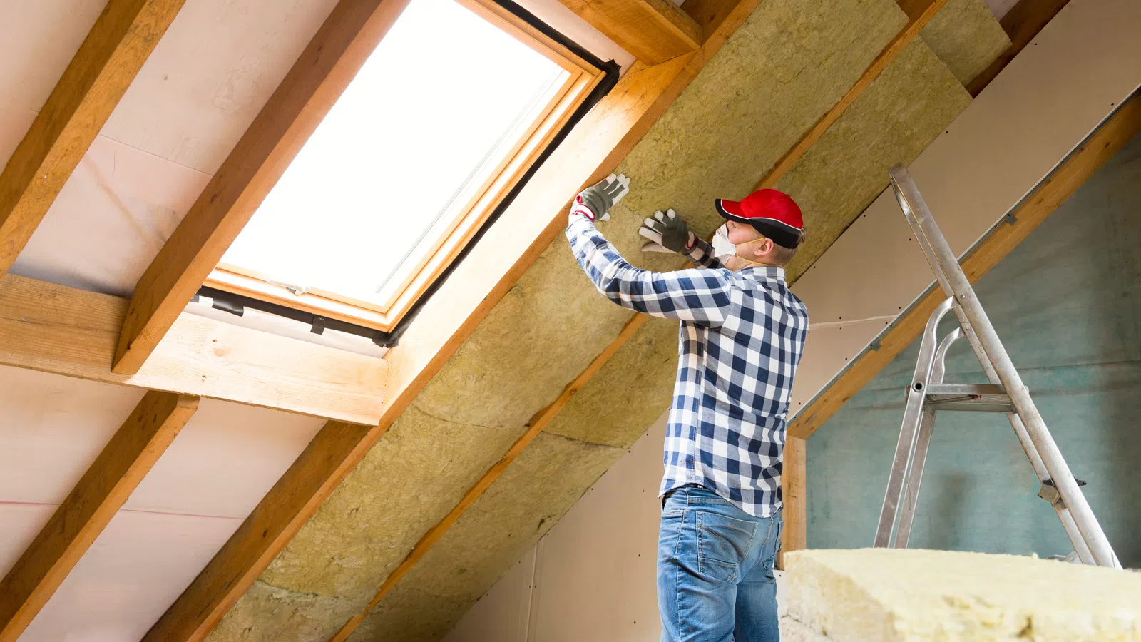 Worker with gloves using equipment to spray insulation foam into house exterior wall cavity during construction.