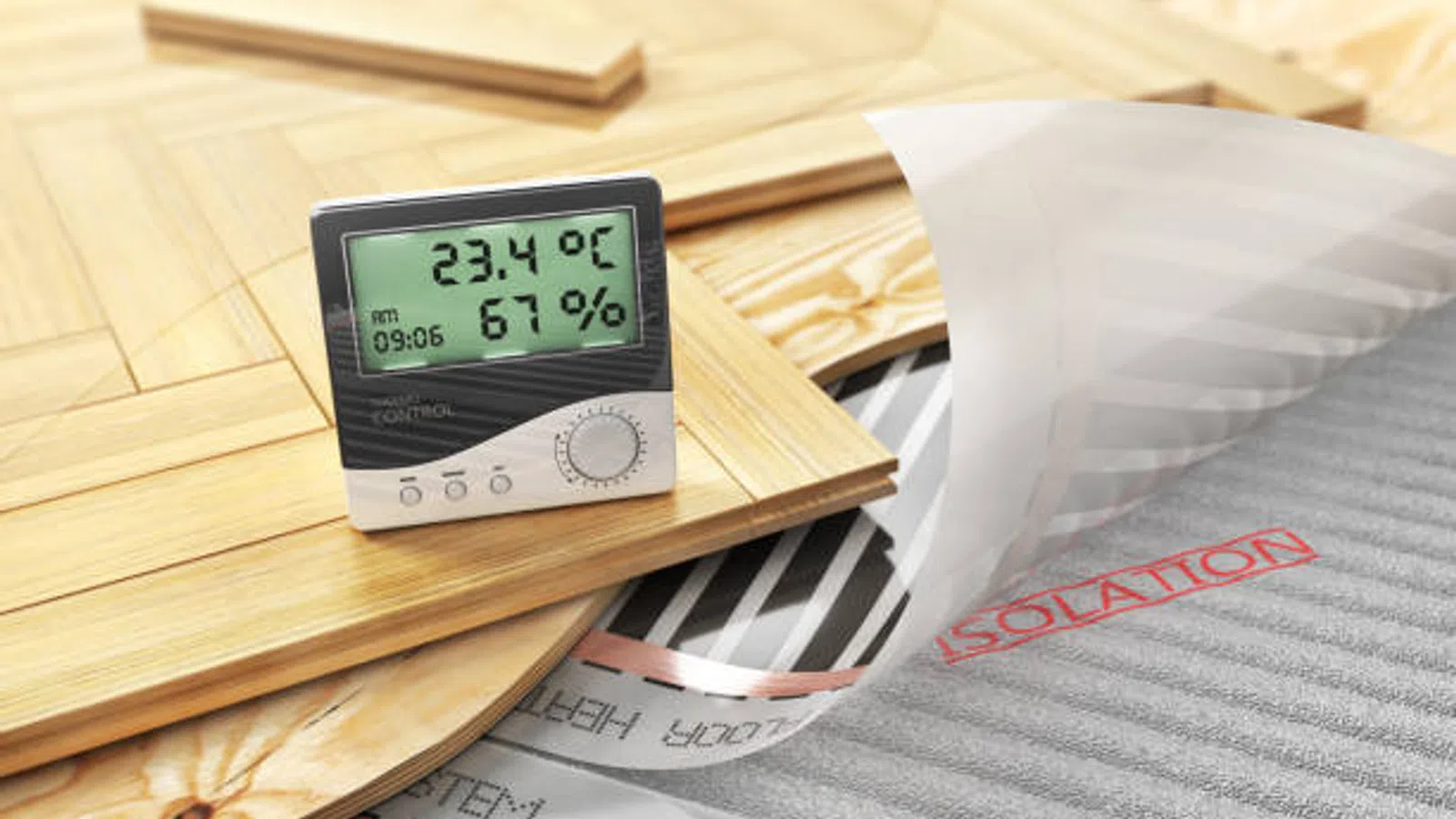 Digital thermostat on wooden floor panels above underfloor heating insulation showing temperature and humidity.