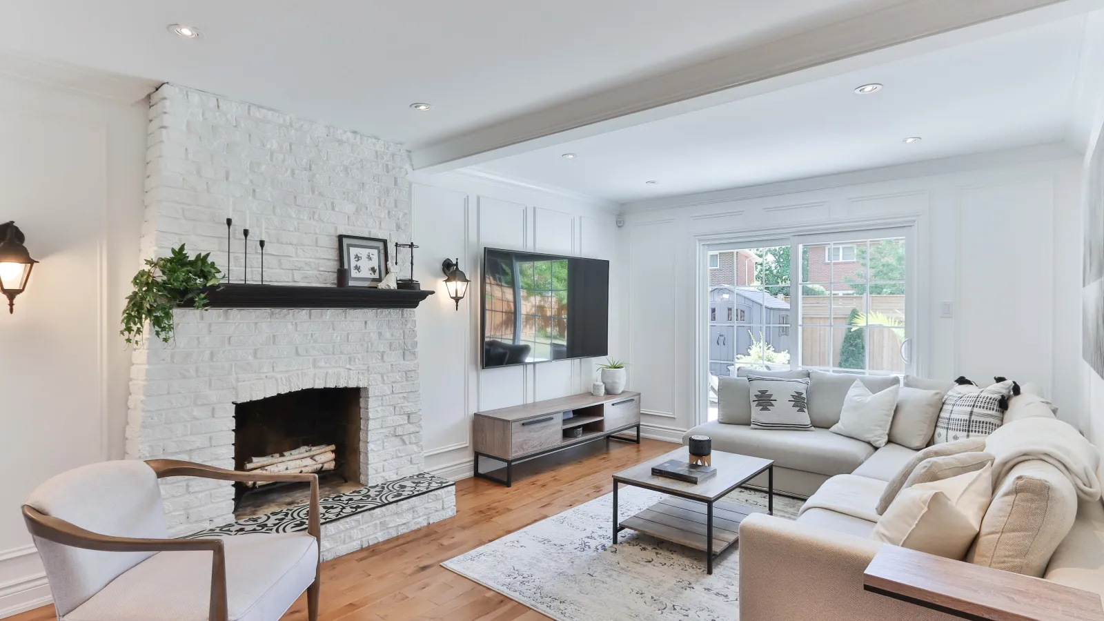 a living room with a fireplace