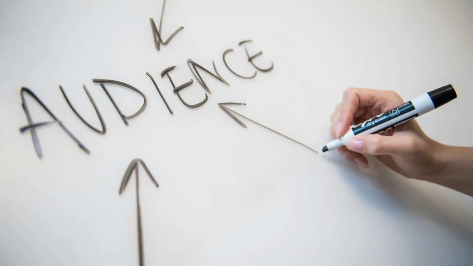 Hand writing the word audience on a whiteboard with multiple arrows pointing toward it.