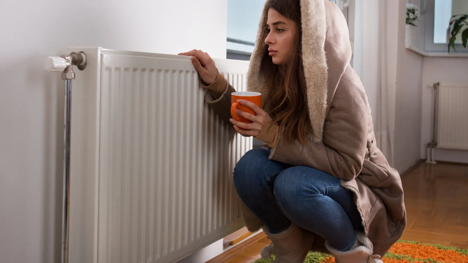 a woman kneeling by a heater