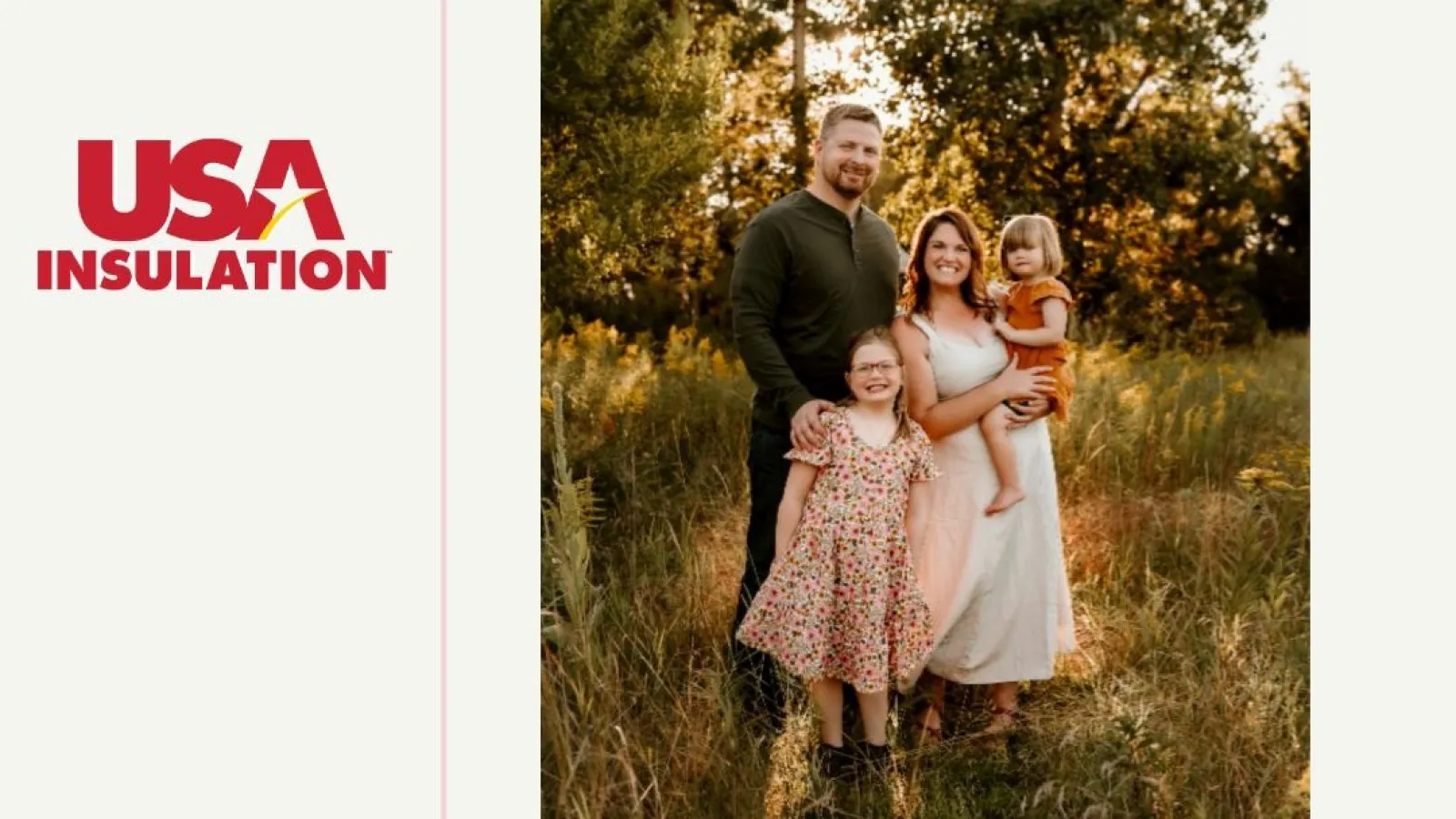 USA Insulation offers free services to former US Army medic shown with family in a sunlit field.