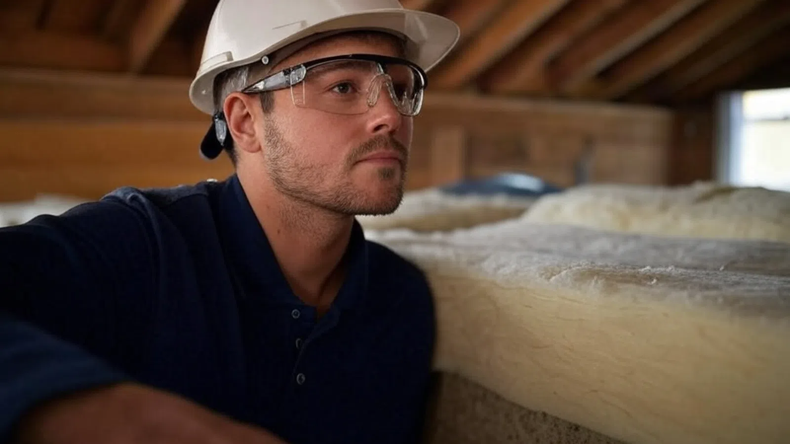 A construction worker in a hard hat and glasses inspects insulation in a rustic setting.