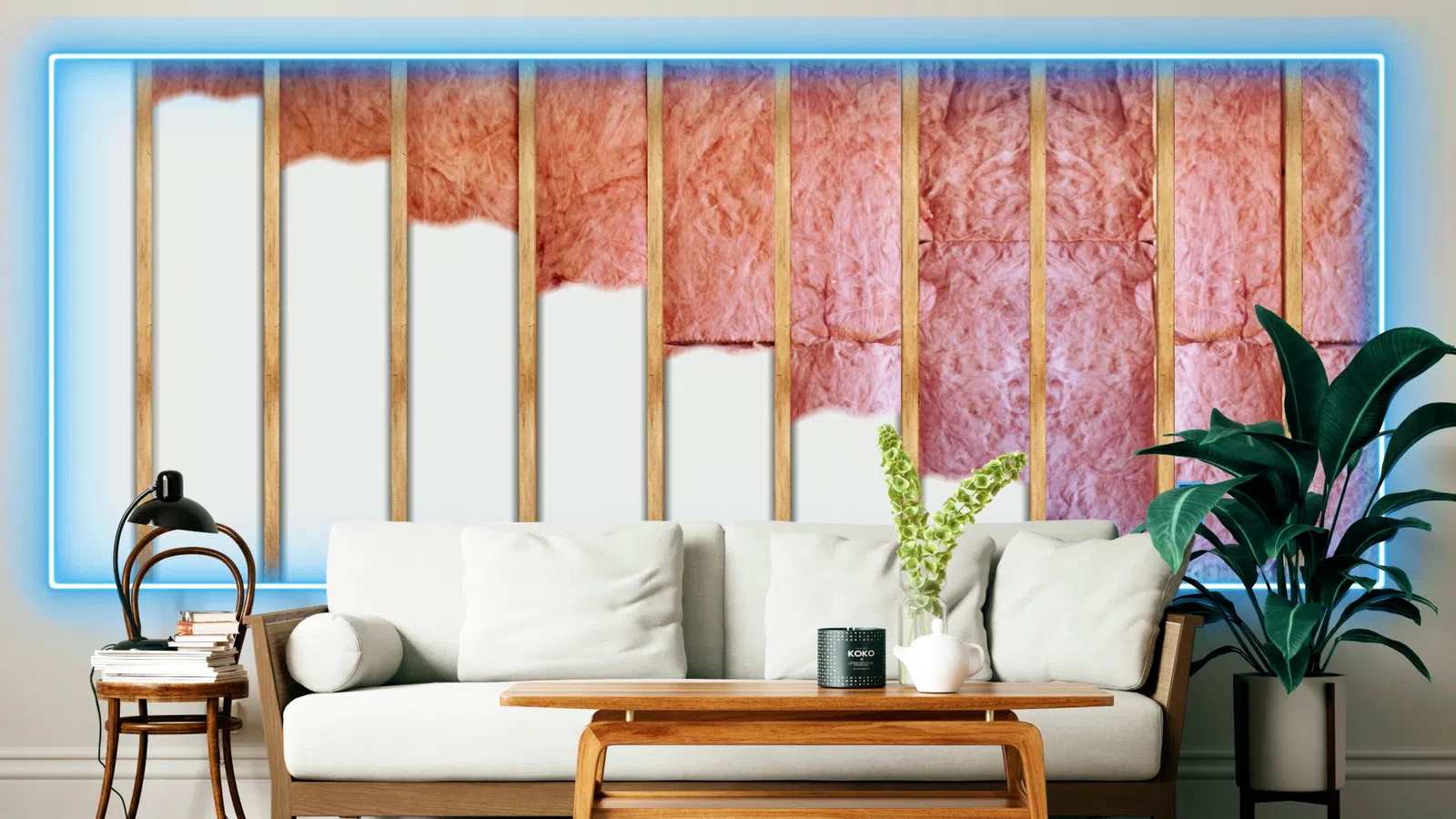 Living room with white sofa, wooden table, plants, and exposed pink insulation behind wall studs with blue lighting.