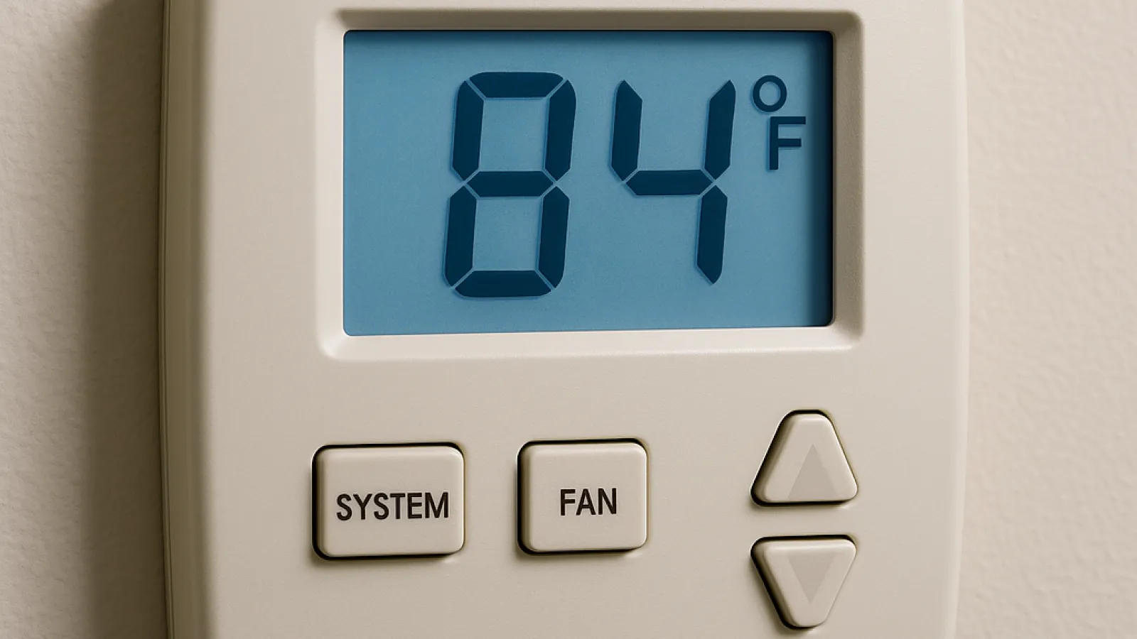 Digital thermostat mounted on wall showing temperature set to 84 degrees Fahrenheit with control buttons.