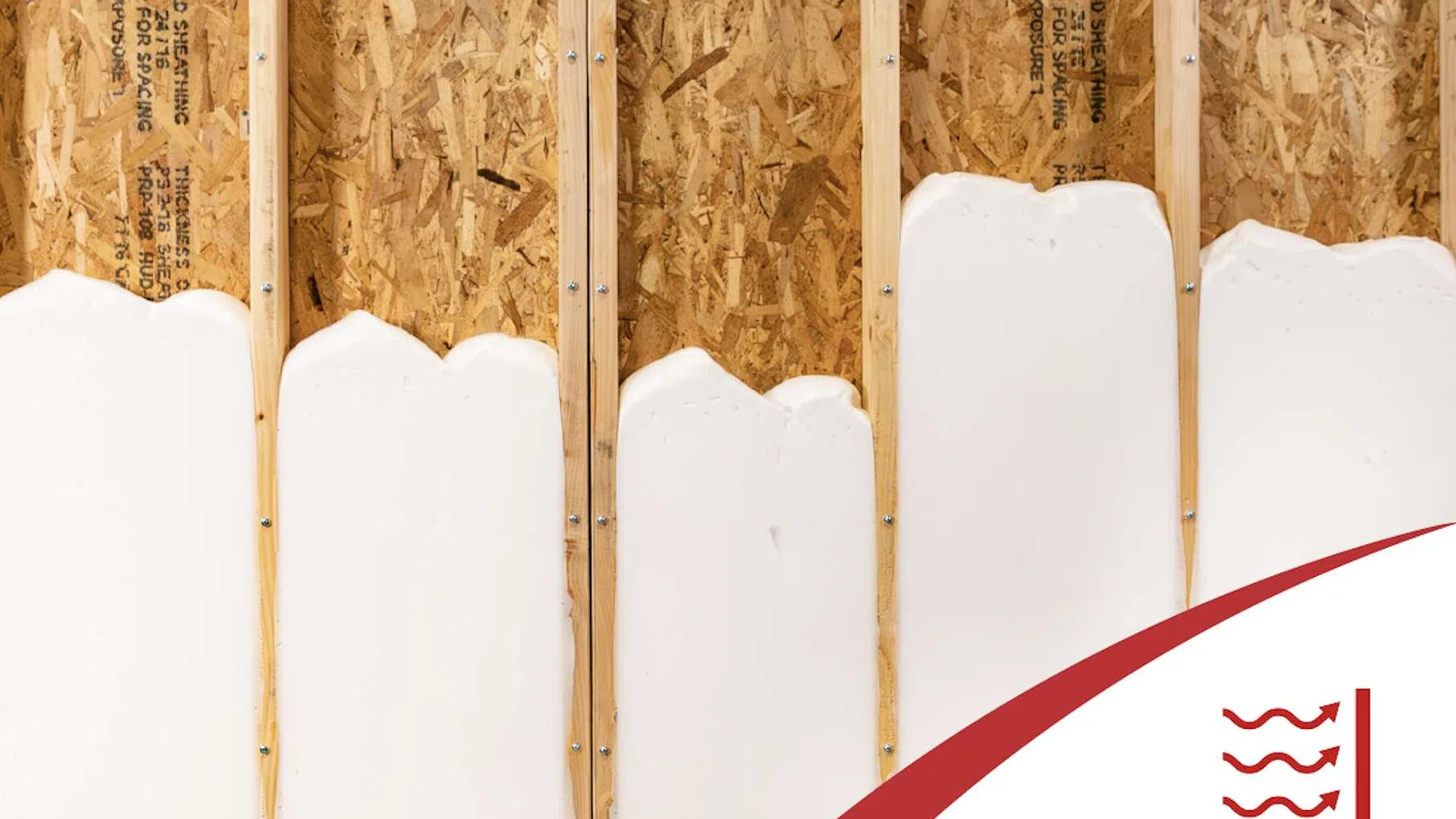Spray foam insulation applied between wood framing studs in a building under construction for thermal efficiency.