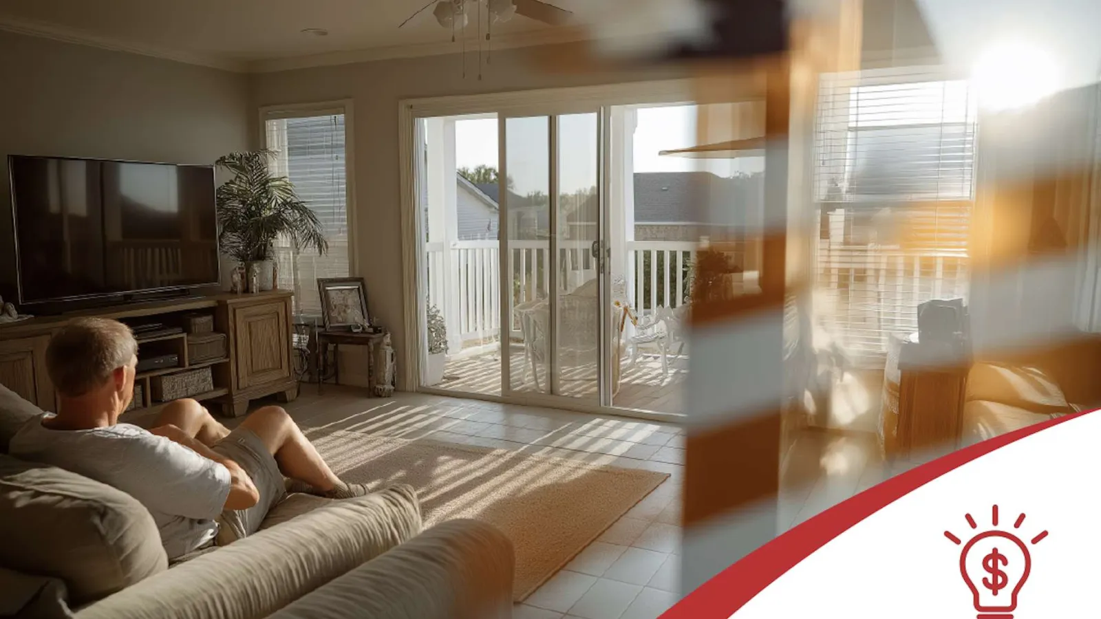 Man relaxing on couch in sunlit living room with large TV and sliding glass door to balcony.