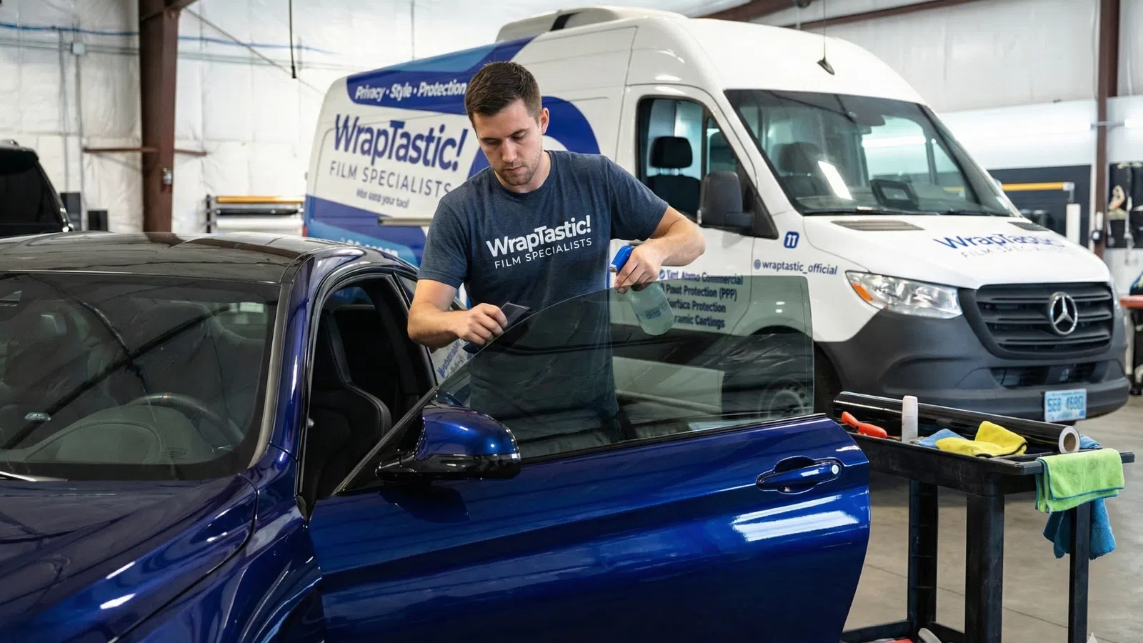 Technician applying protective film to a car window inside a garage with WrapTastic van in the background
