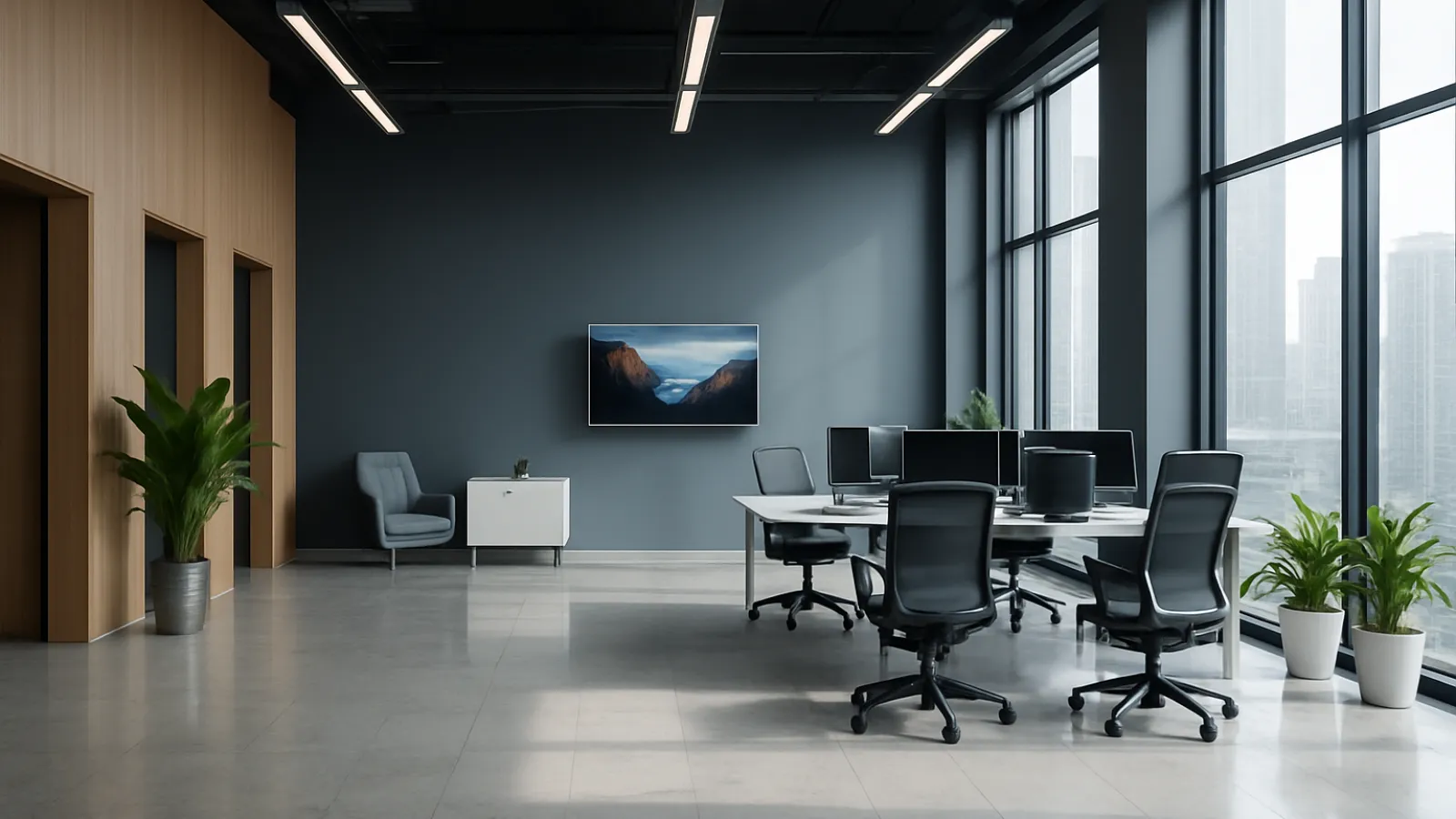 Modern office space with large windows, several black office chairs, plants, and a wall-mounted landscape picture.