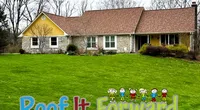 Stone and yellow house with brown roof on lush green lawn with Roof It Forward logo and cartoon children